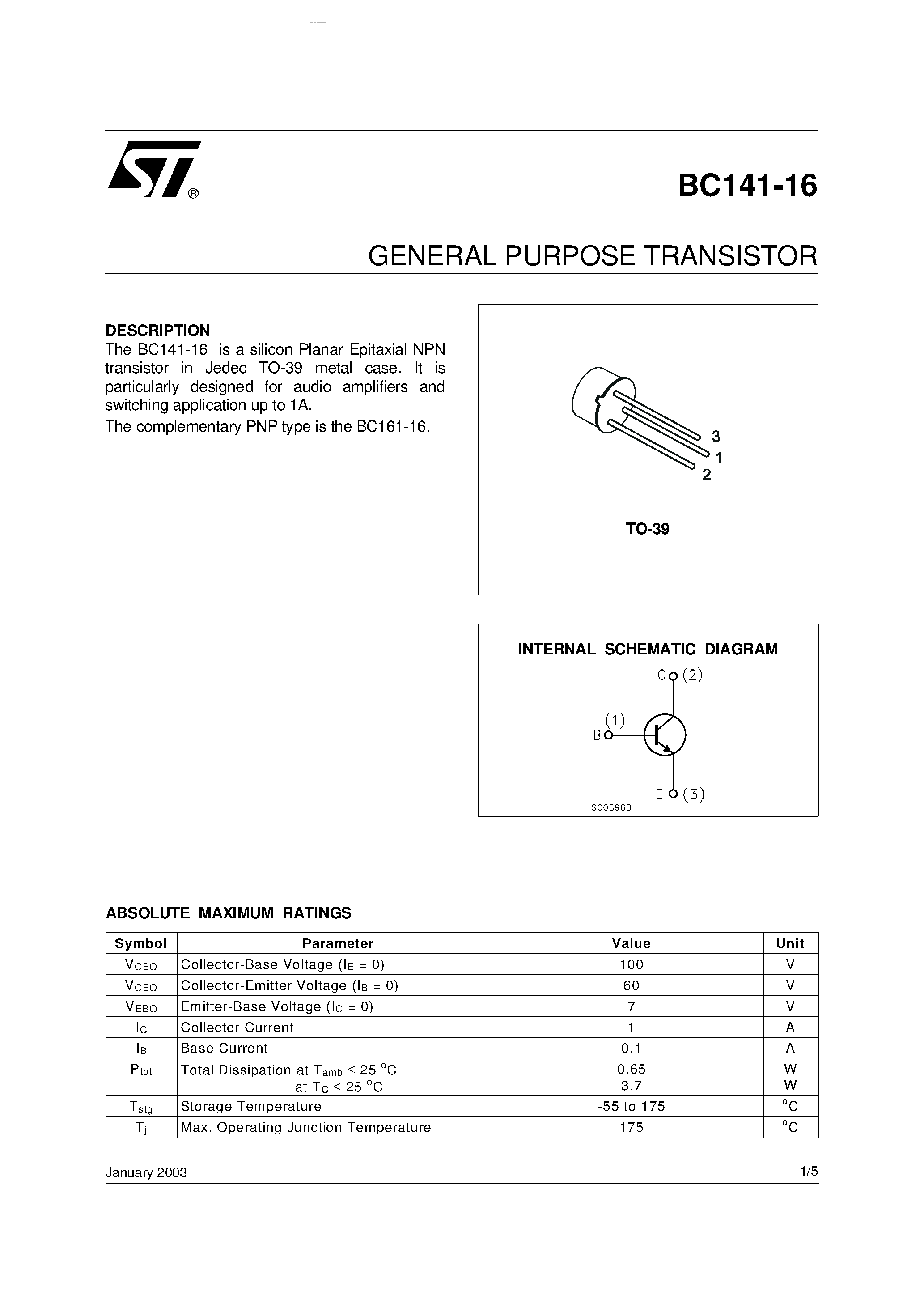 Datasheet BC141-16 - GENERAL PURPOSE TRANSISTOR page 1