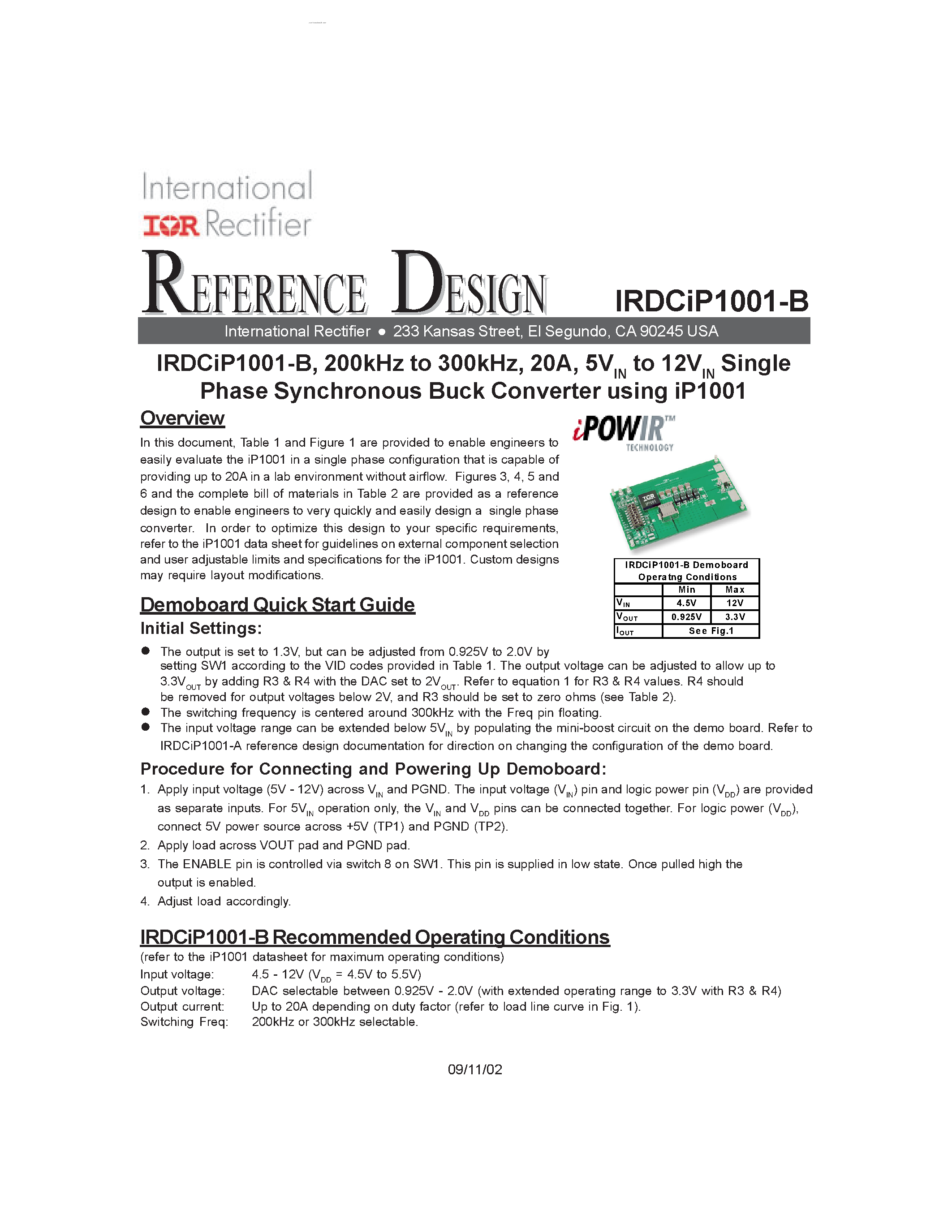 Datasheet IRDCIP1001-B - 5VIN to 12VIN Single Phase Synchronous Buck Converter using iP1001 page 1