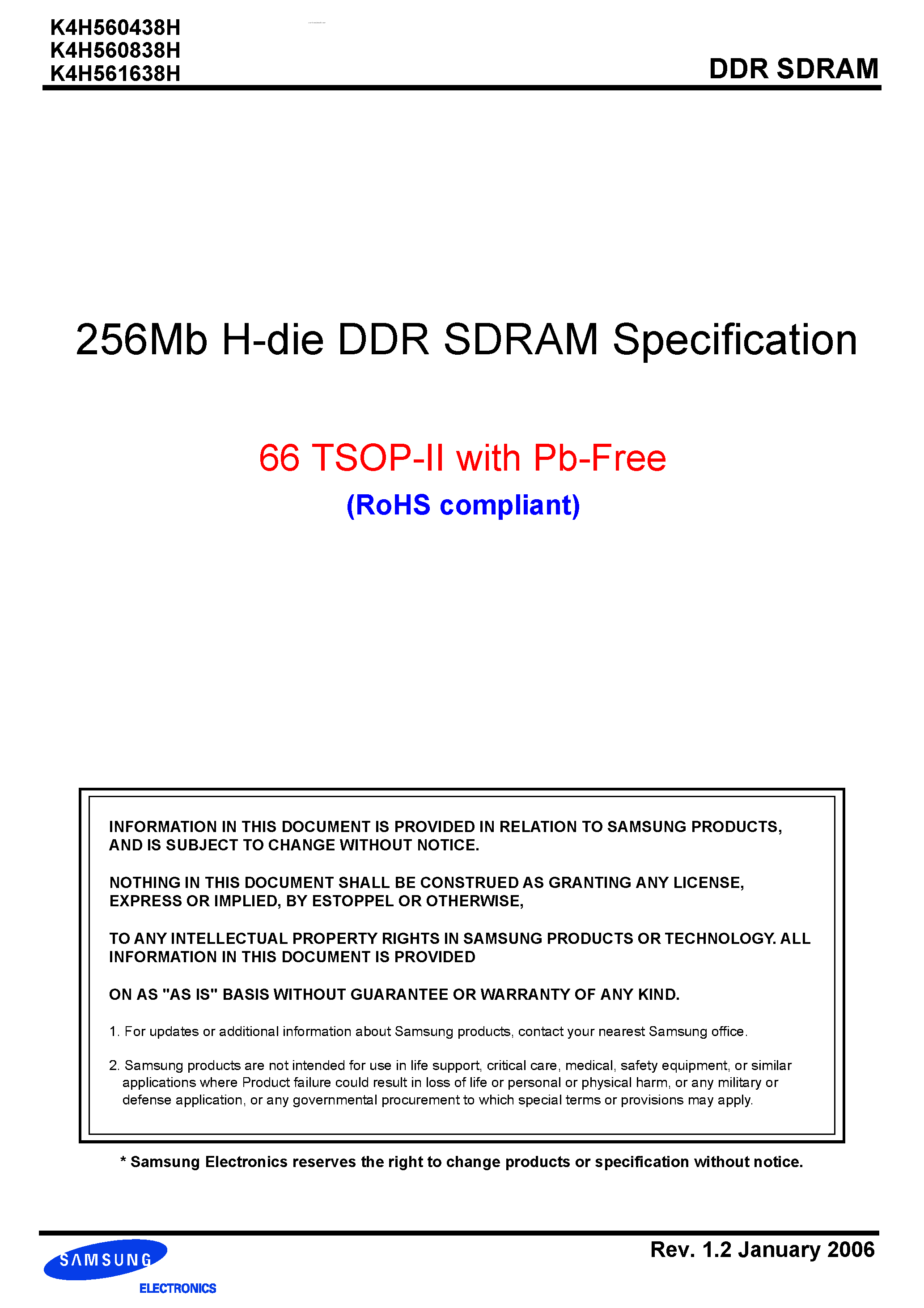 Даташит K4H560438H - (K4H560438H - K4H561638H) 256Mb H-die DDR SDRAM Specification страница 1