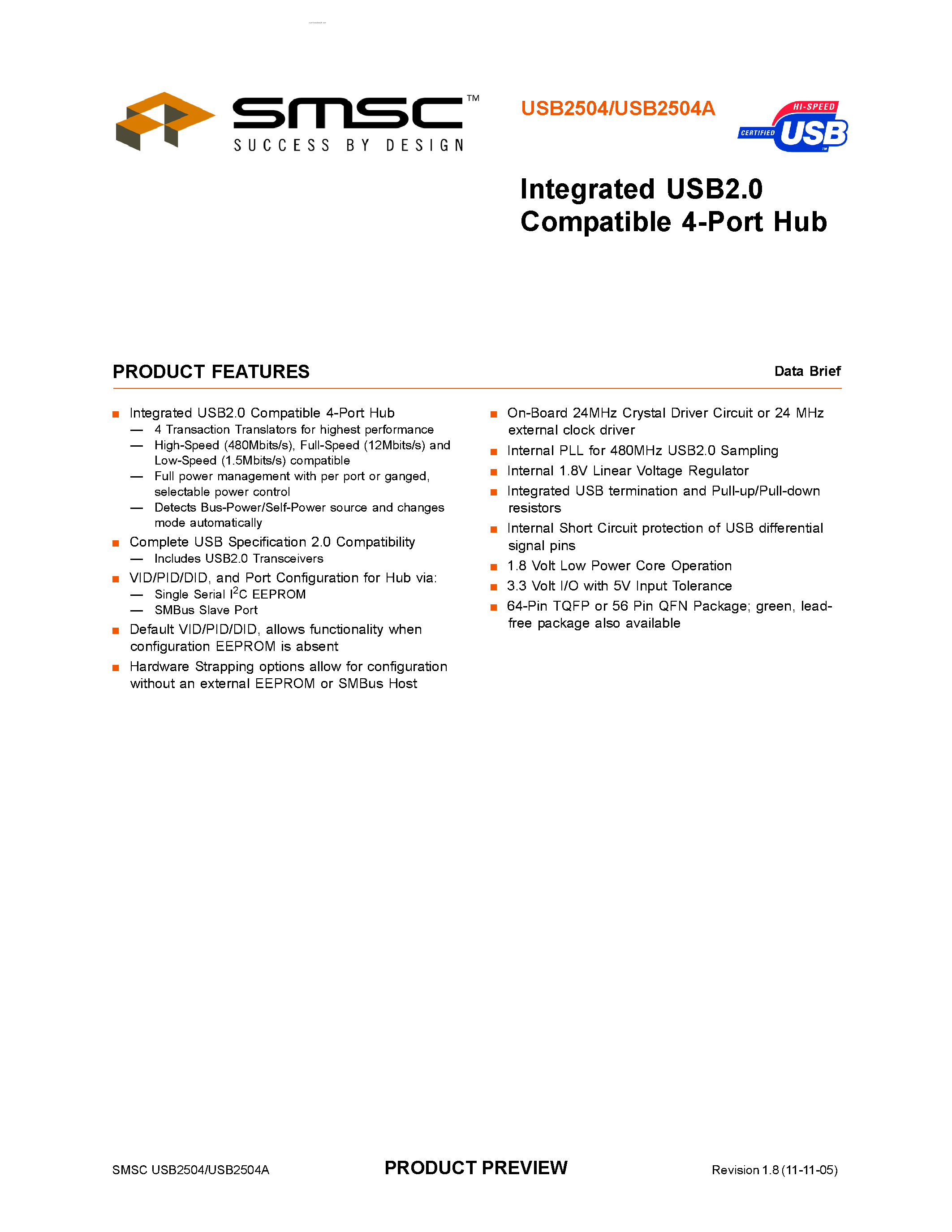 Datasheet USB2504 - INTEGRATED USB2.0 COMPATIBLE 4 - PORT HUB page 1