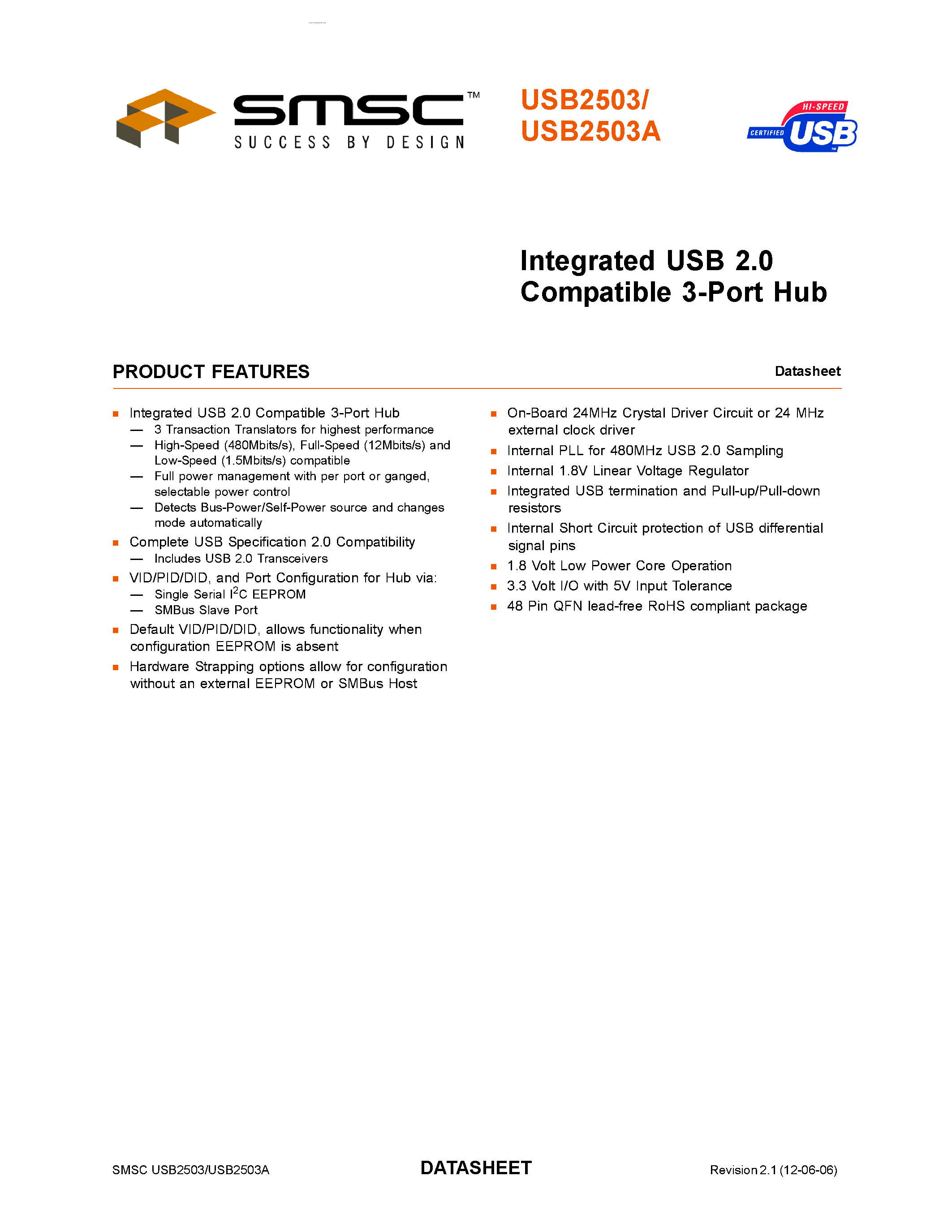 Datasheet USB2503 - Integrated USB2.0 Compatible 3-Port Hub page 1