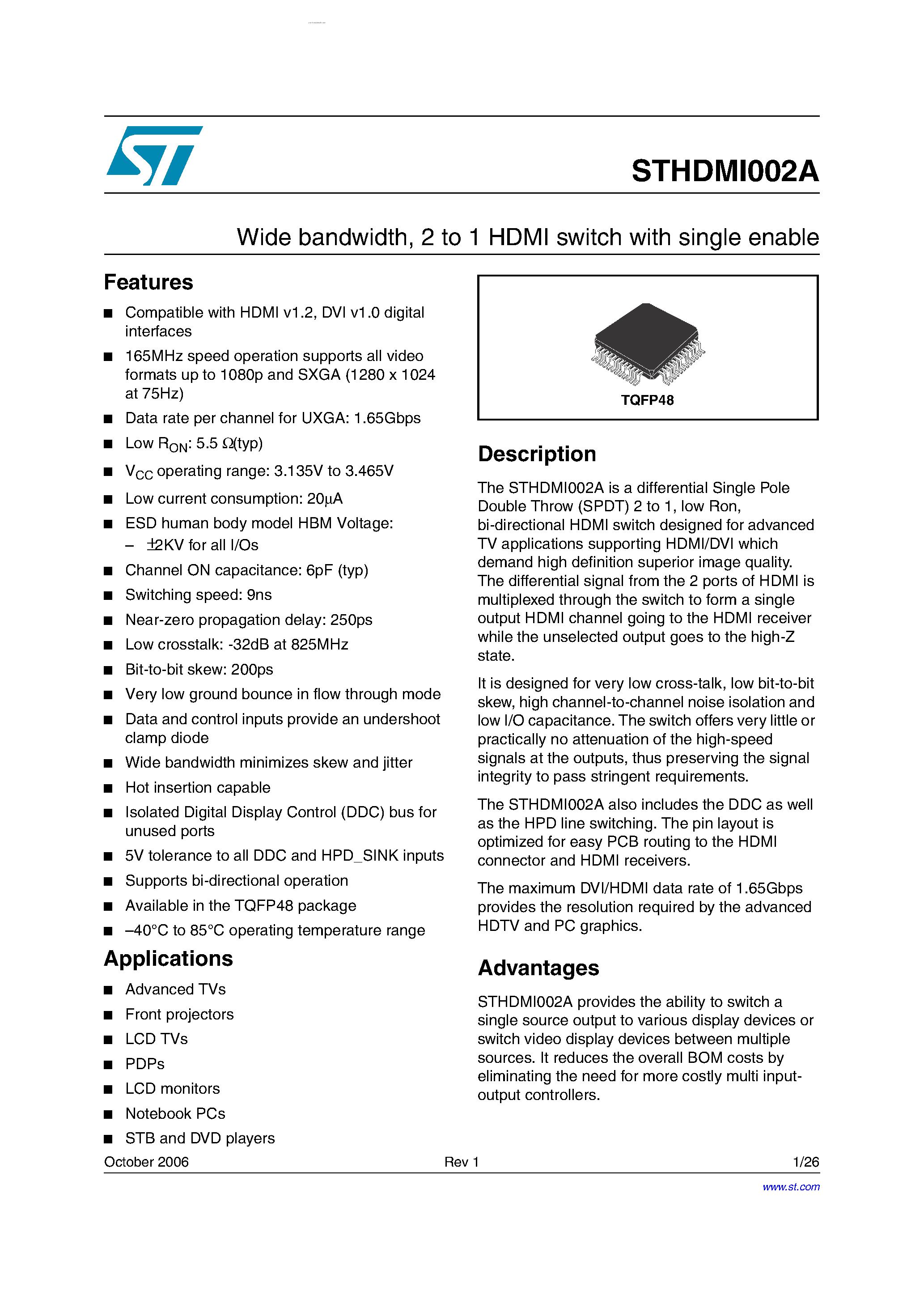 Даташит STHDM1002A - 2-to-1 High Definition Multimedia Interface (HDMI) Switch страница 1