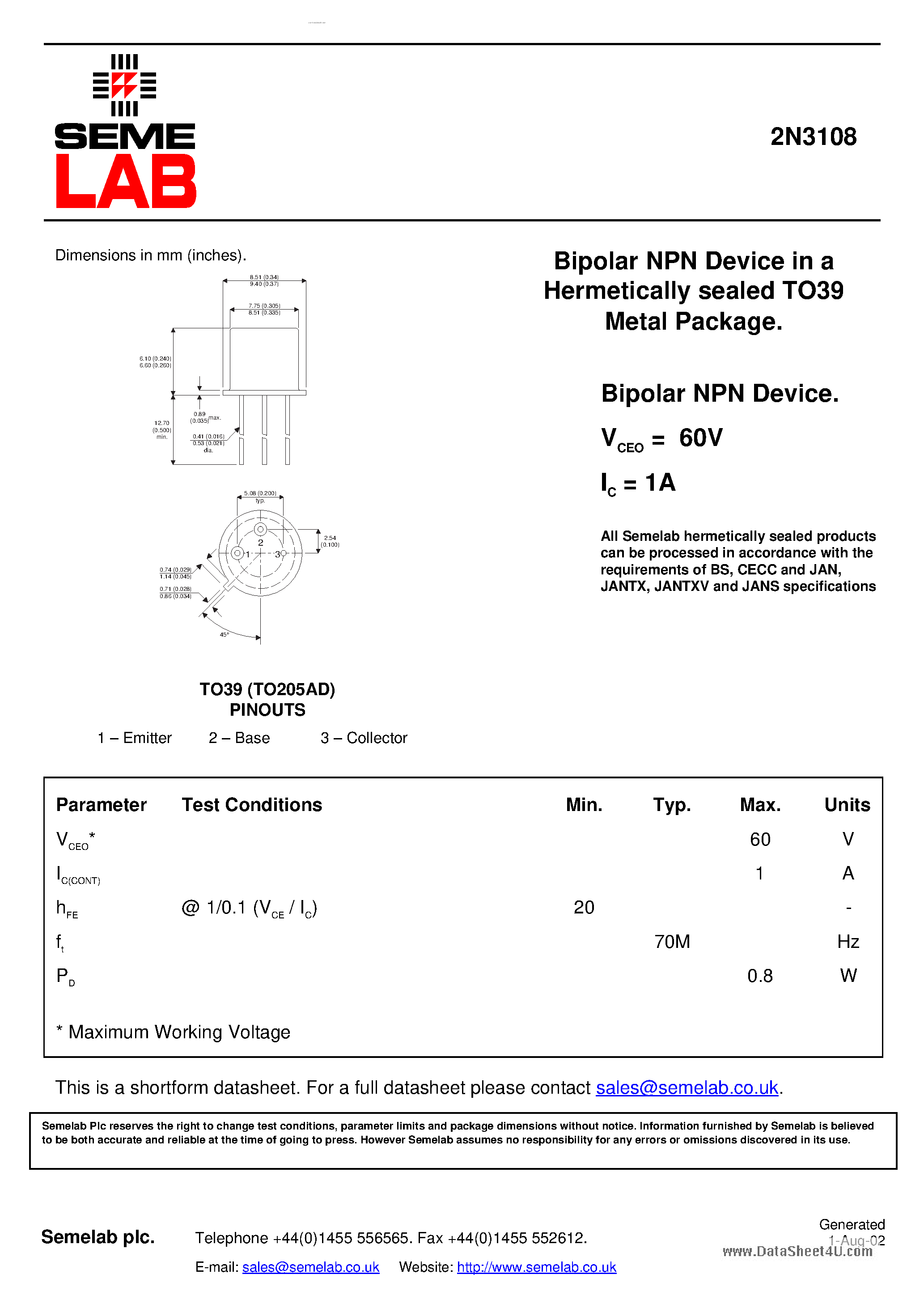 Даташит 2N3108 - Bipolar NPN Device страница 1