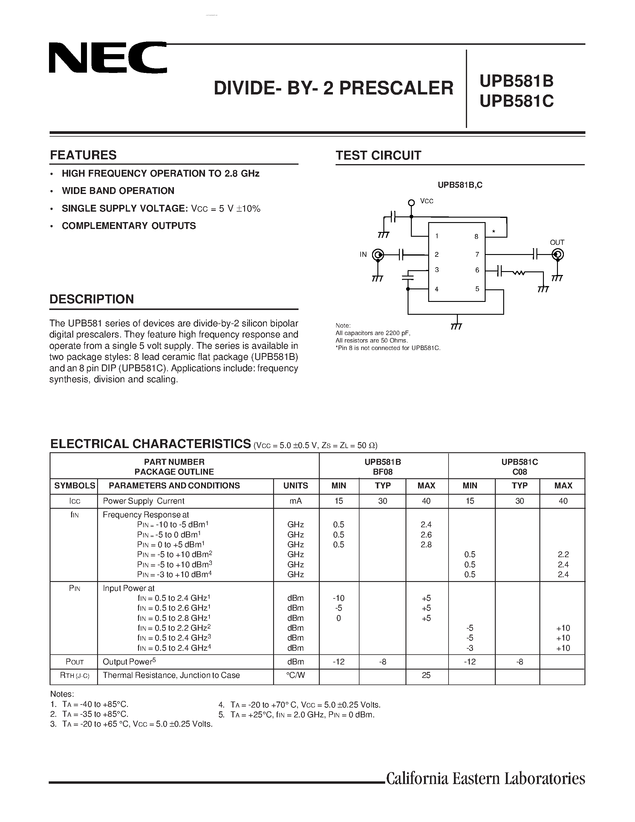 Даташит UPB581B - (UPB581B / UPB581C) DIVIDE- BY- 2 PRESCALER страница 1