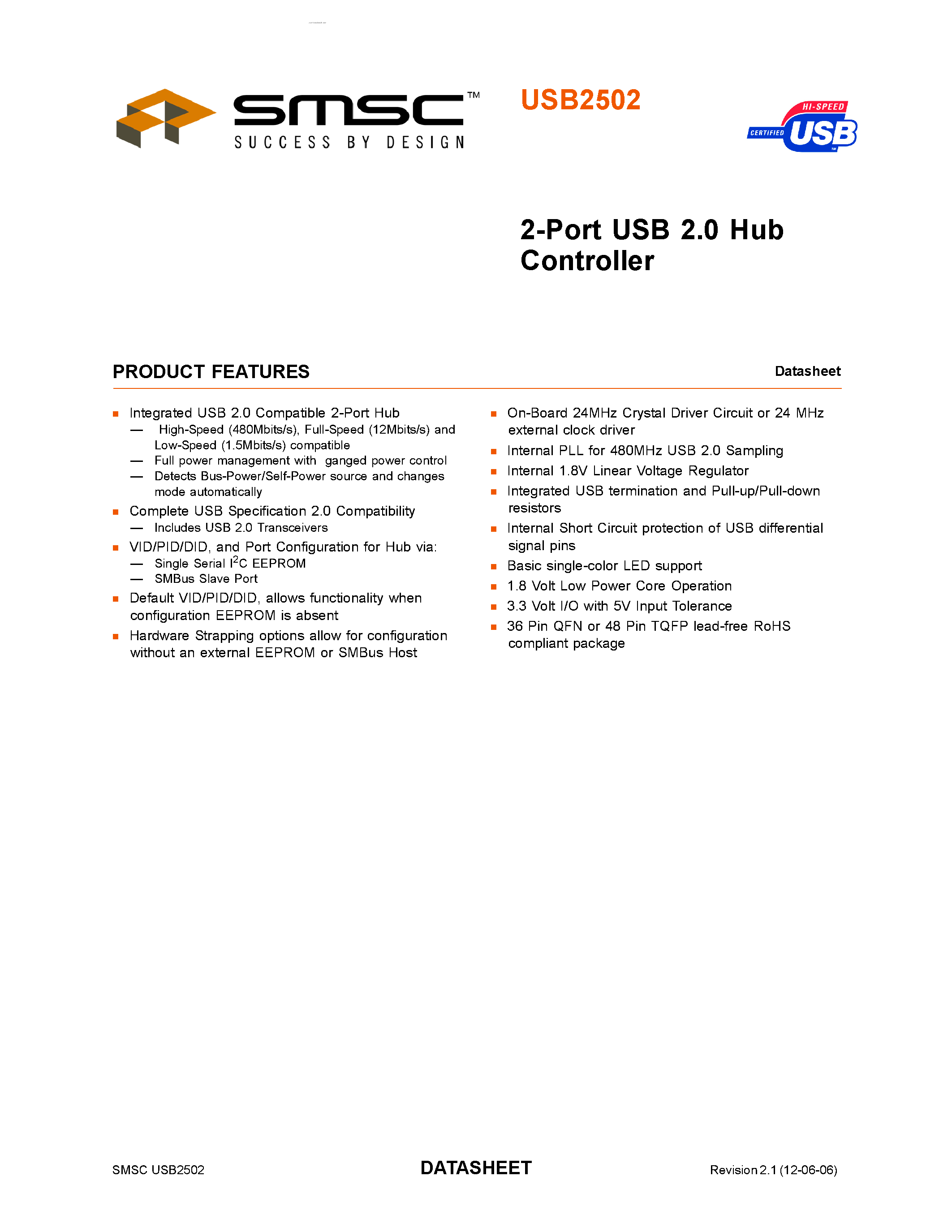 Datasheet USB2502 - 2-Port USB 2.0 Hub Controller page 1