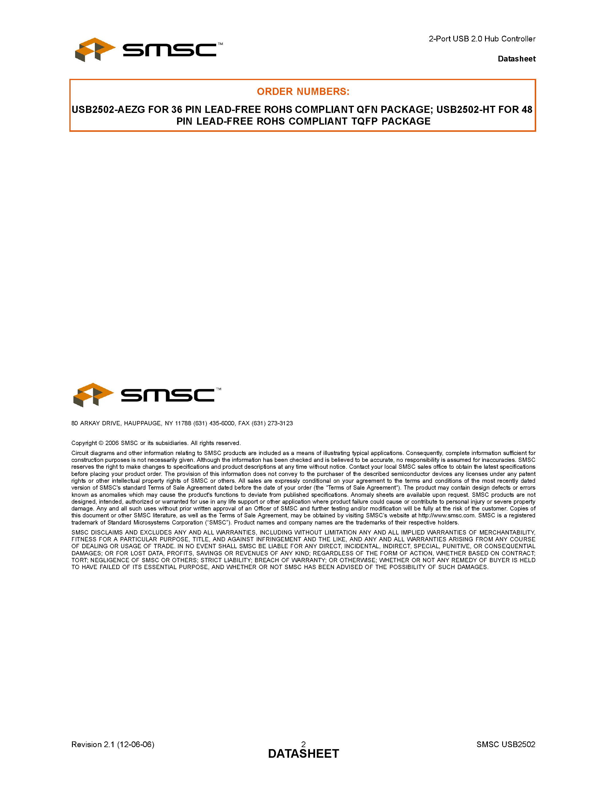 Datasheet USB2502 - 2-Port USB 2.0 Hub Controller page 2