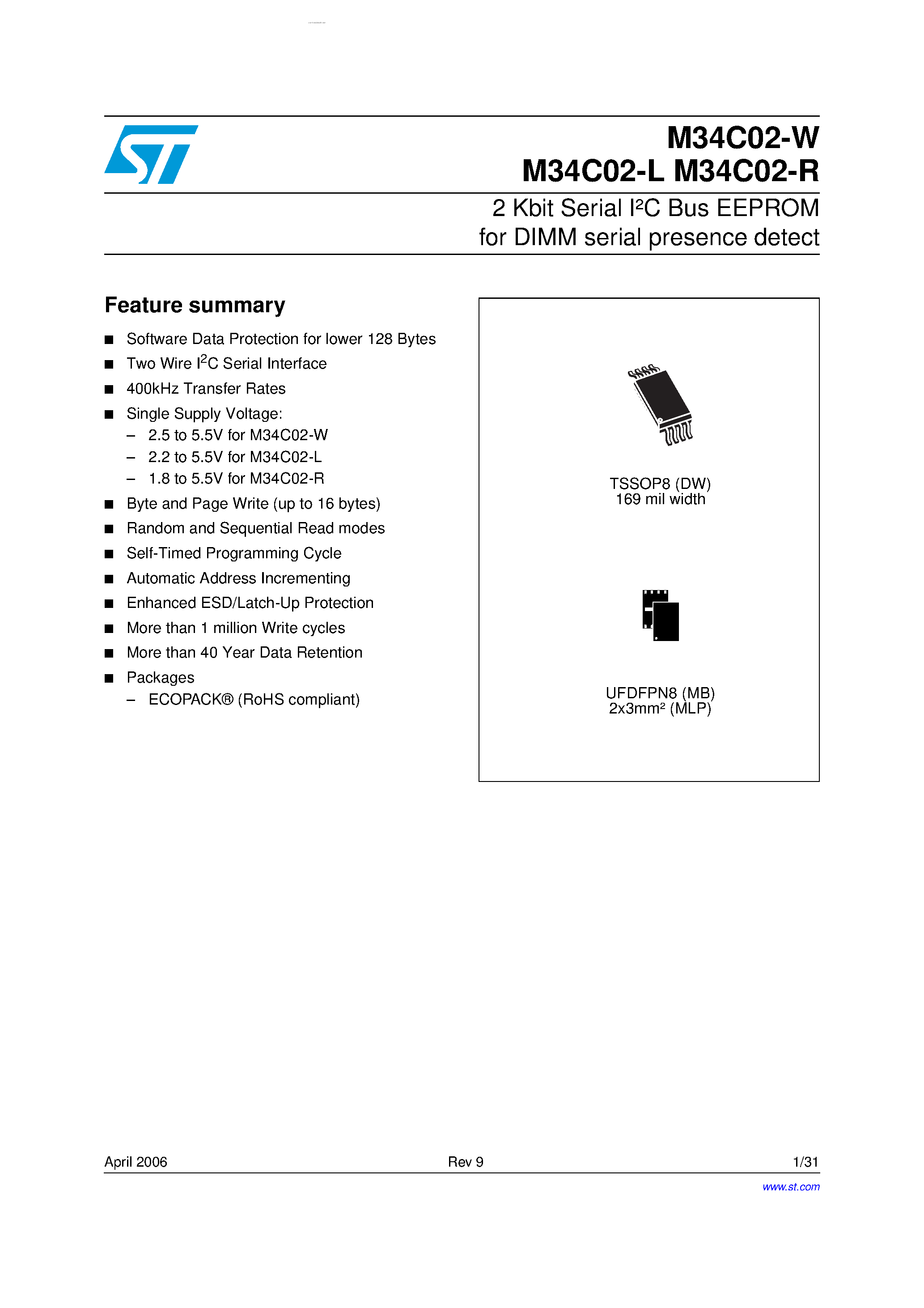 Datasheet M34C02-L - (M34C02-x) EEPROM page 1