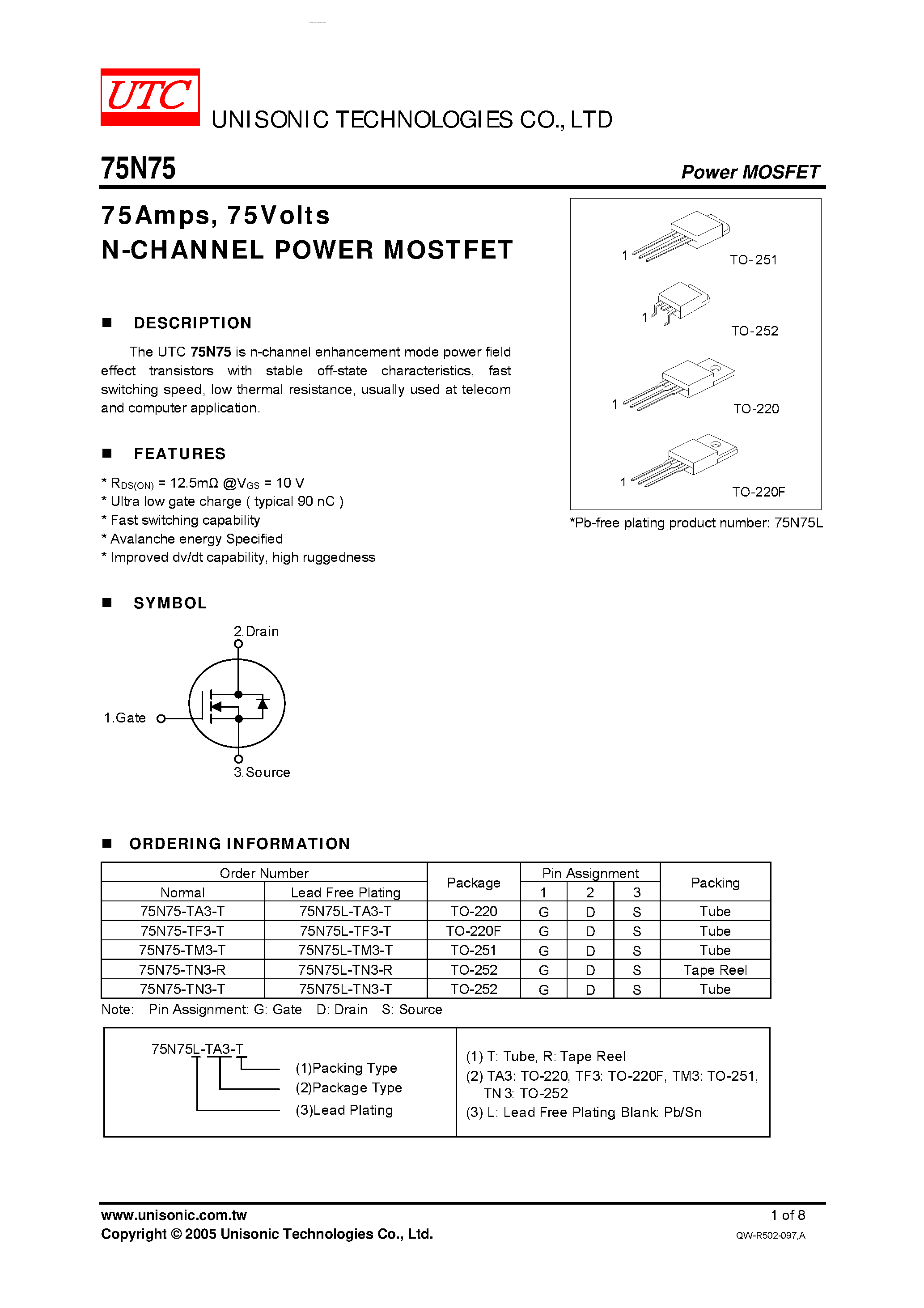 Даташит 75N75 - N-CHANNEL POWER MOSTFET страница 1