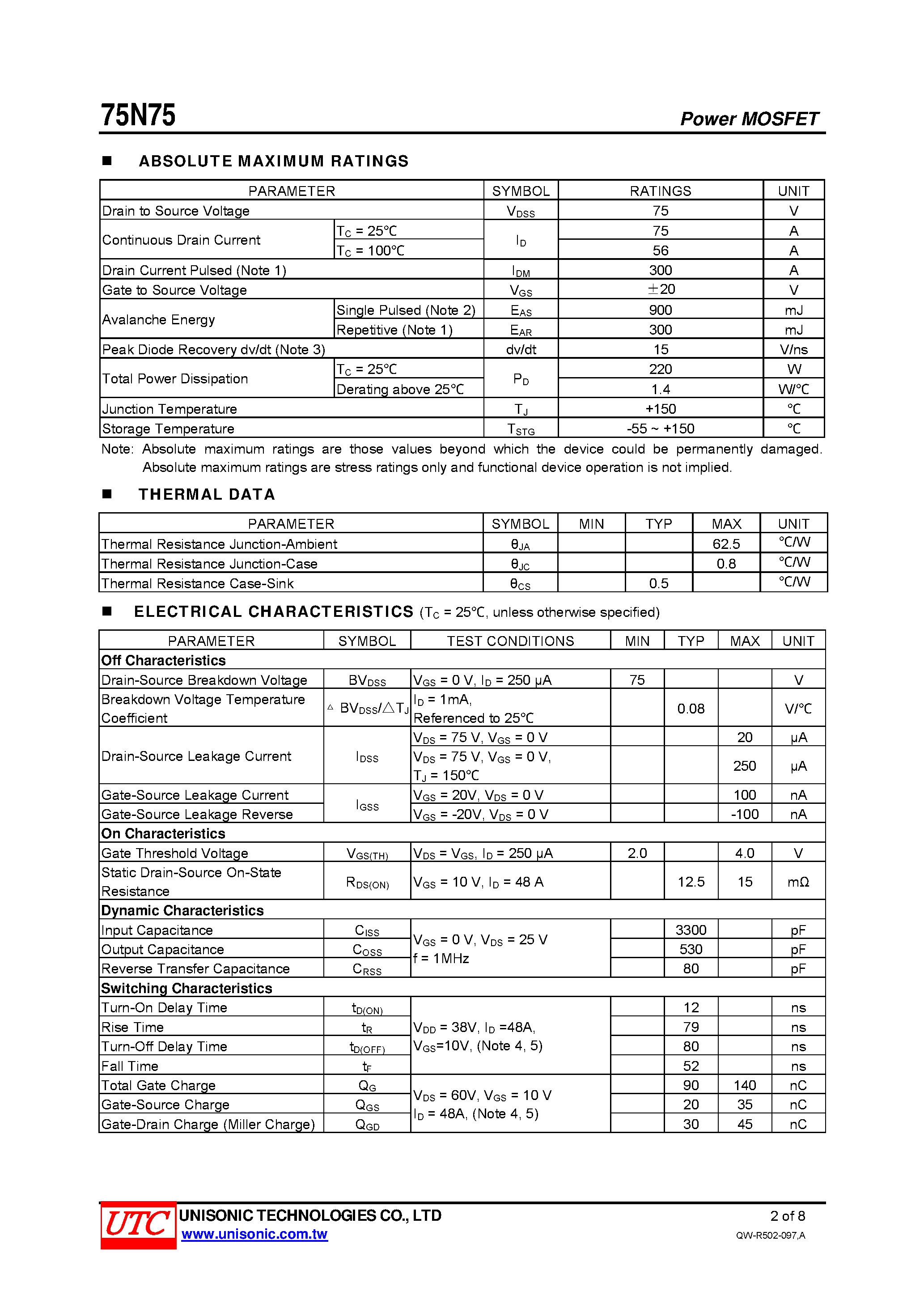 Даташит 75N75 - N-CHANNEL POWER MOSTFET страница 2