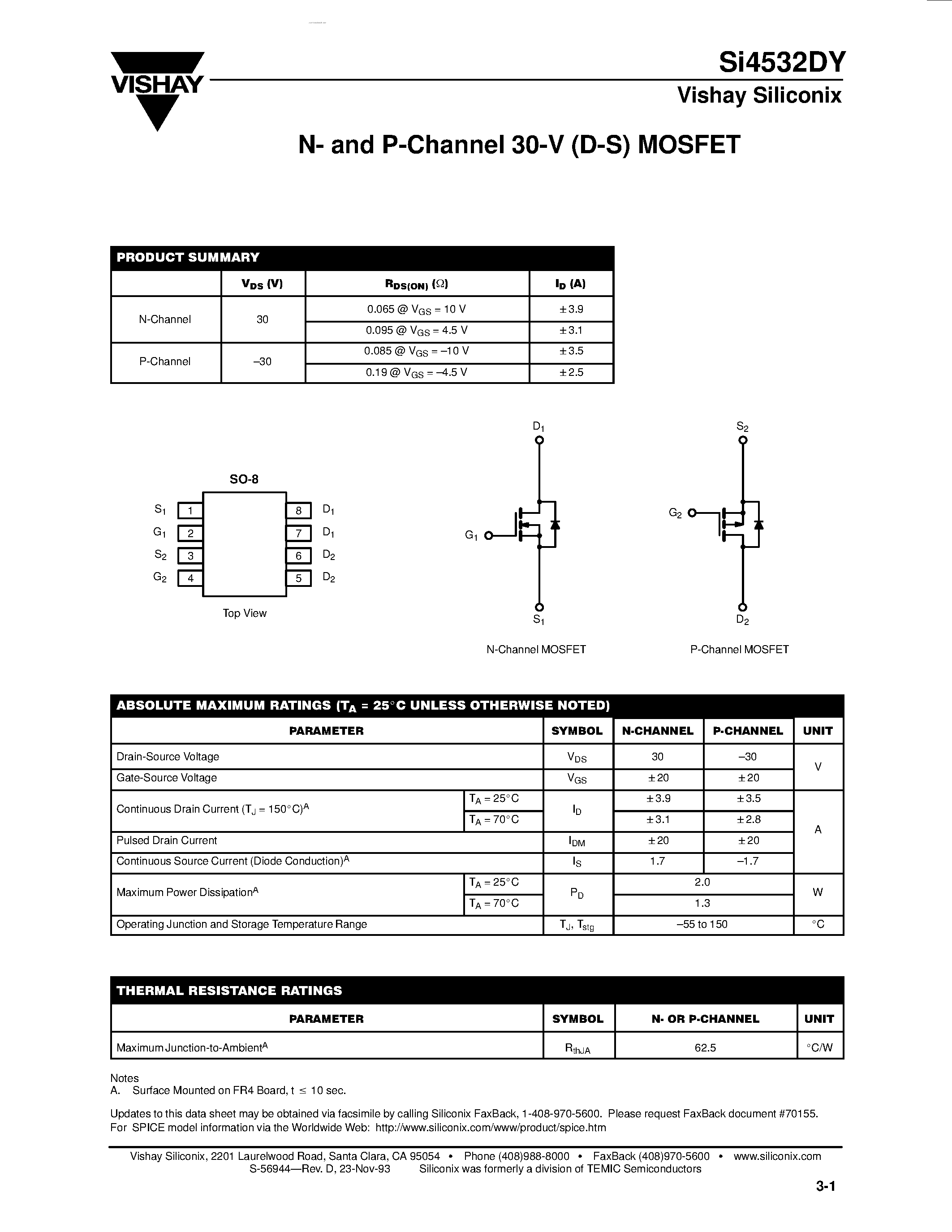 Даташит SI4532DY - N- and P-Channel 30-V (D-S) MOSFET страница 1