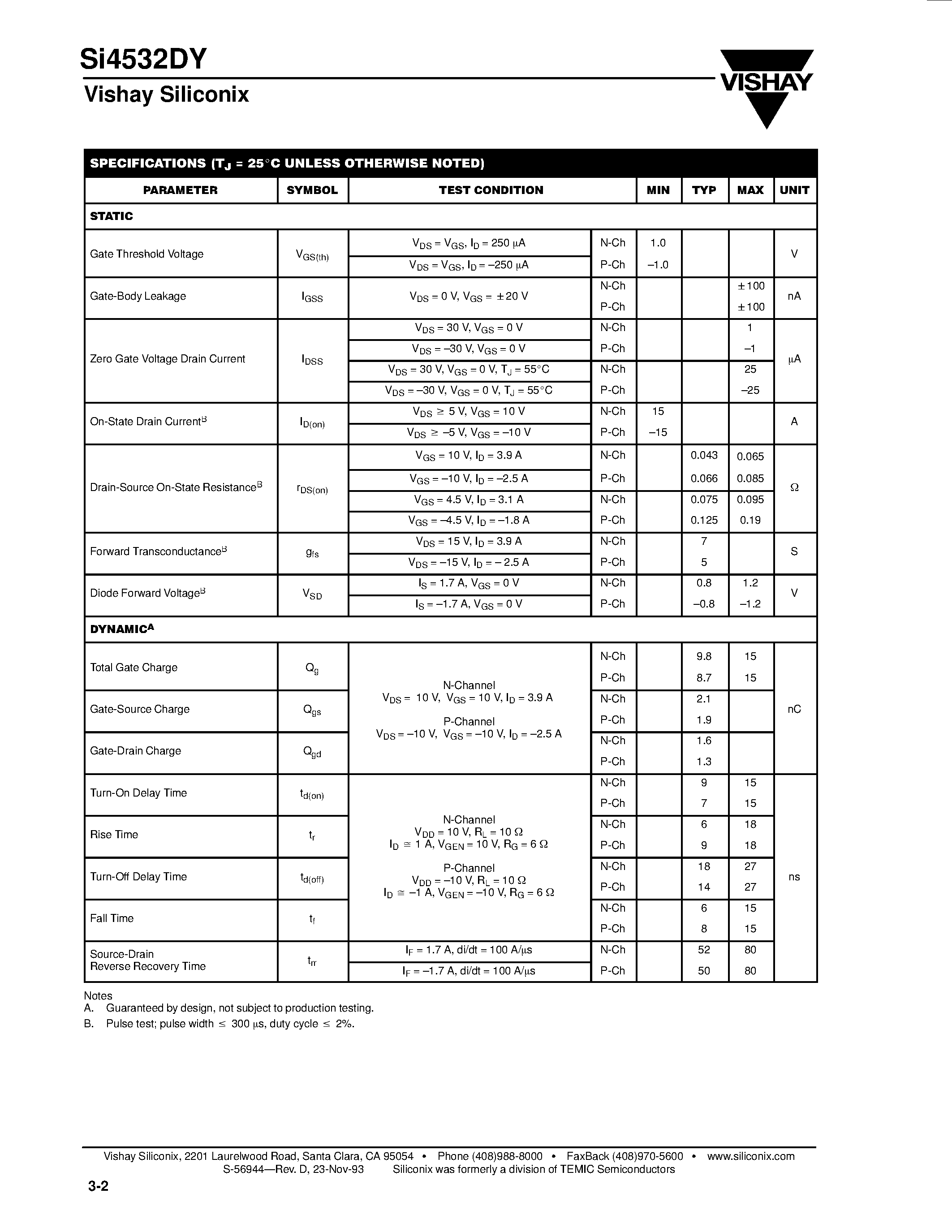 Даташит SI4532DY - N- and P-Channel 30-V (D-S) MOSFET страница 2