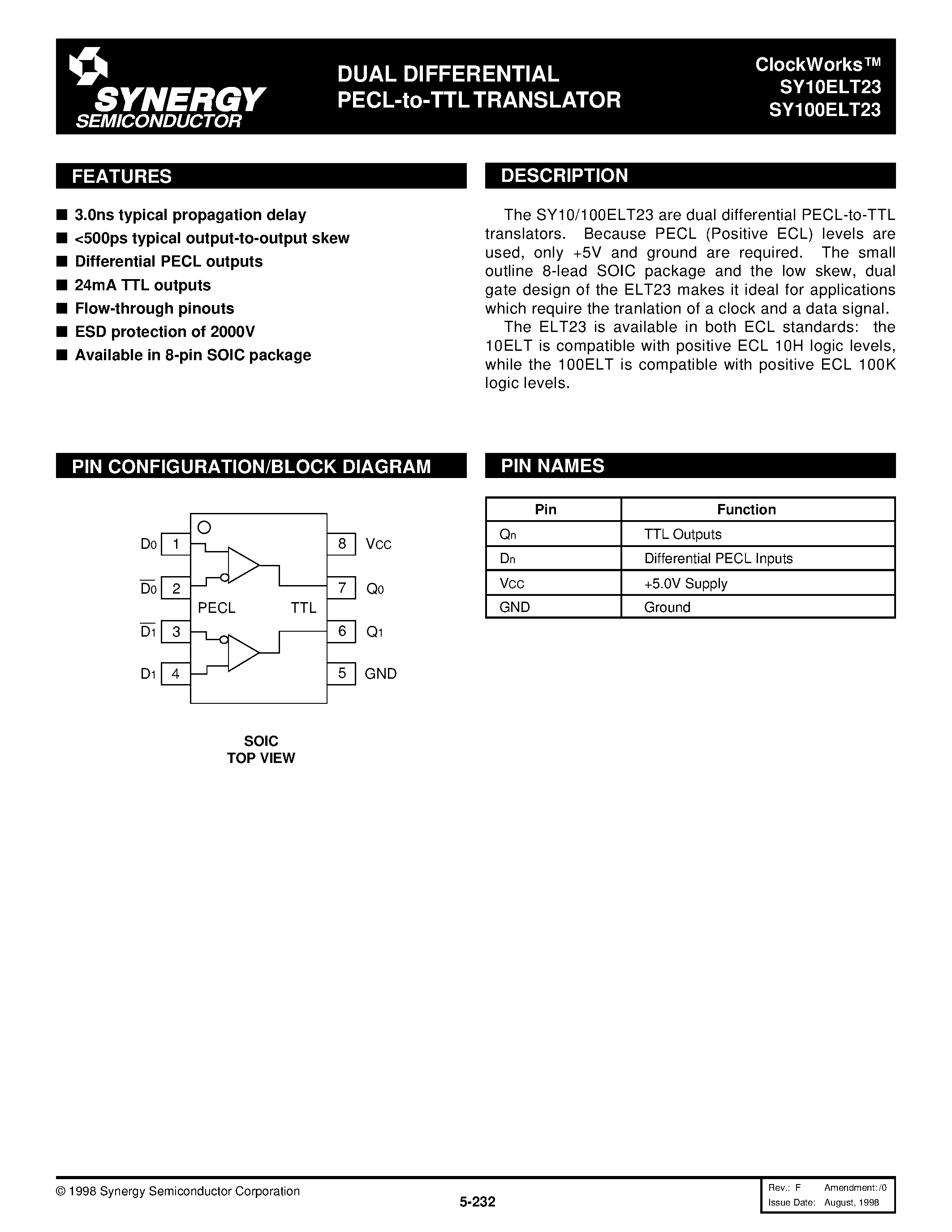 Datasheet SY100ELT23 - DUAL DIFFERENTIAL PECL-to-TTL TRANSLATOR page 1