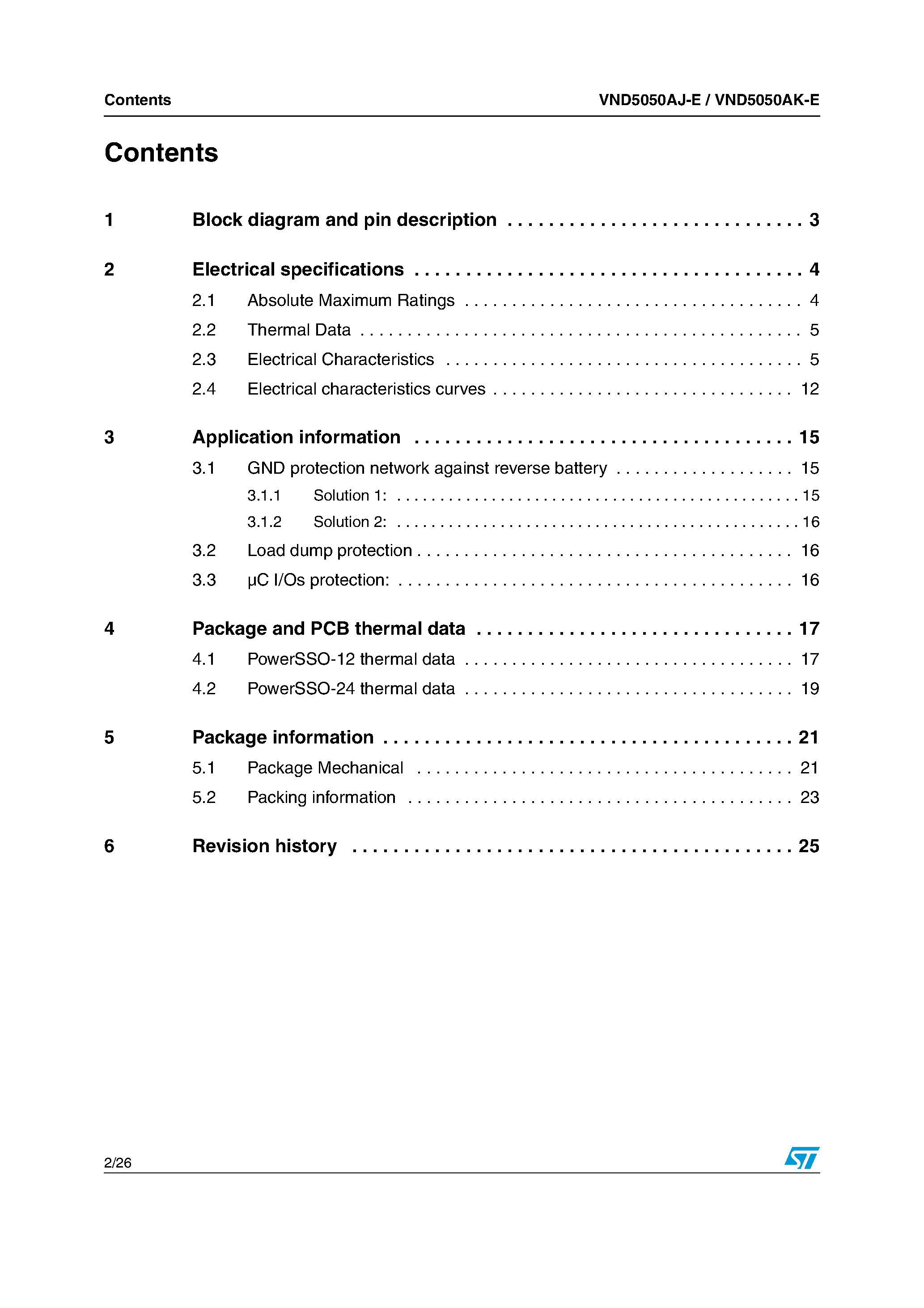 Datasheet VND5050AJ-E - Double channel high side driver page 2