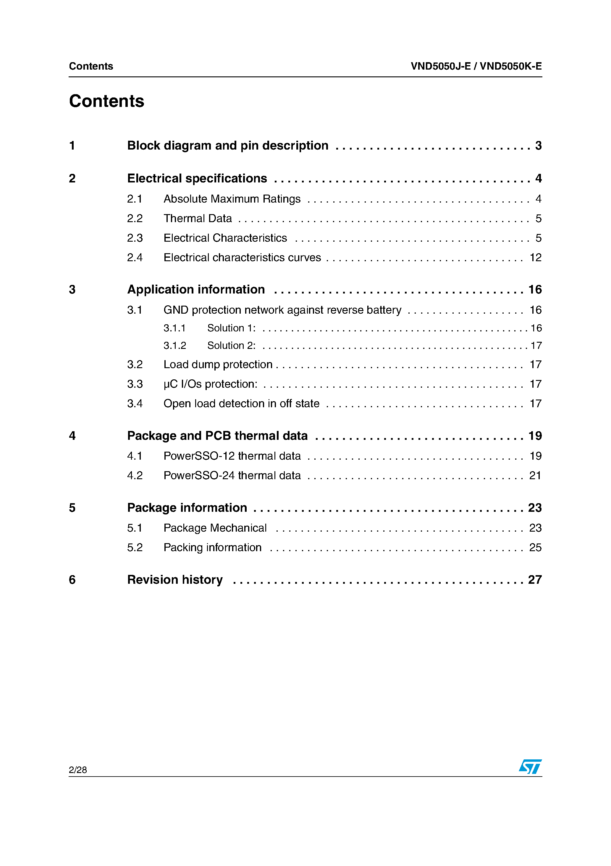 Datasheet VND5050J-E - Double channel high side driver page 2