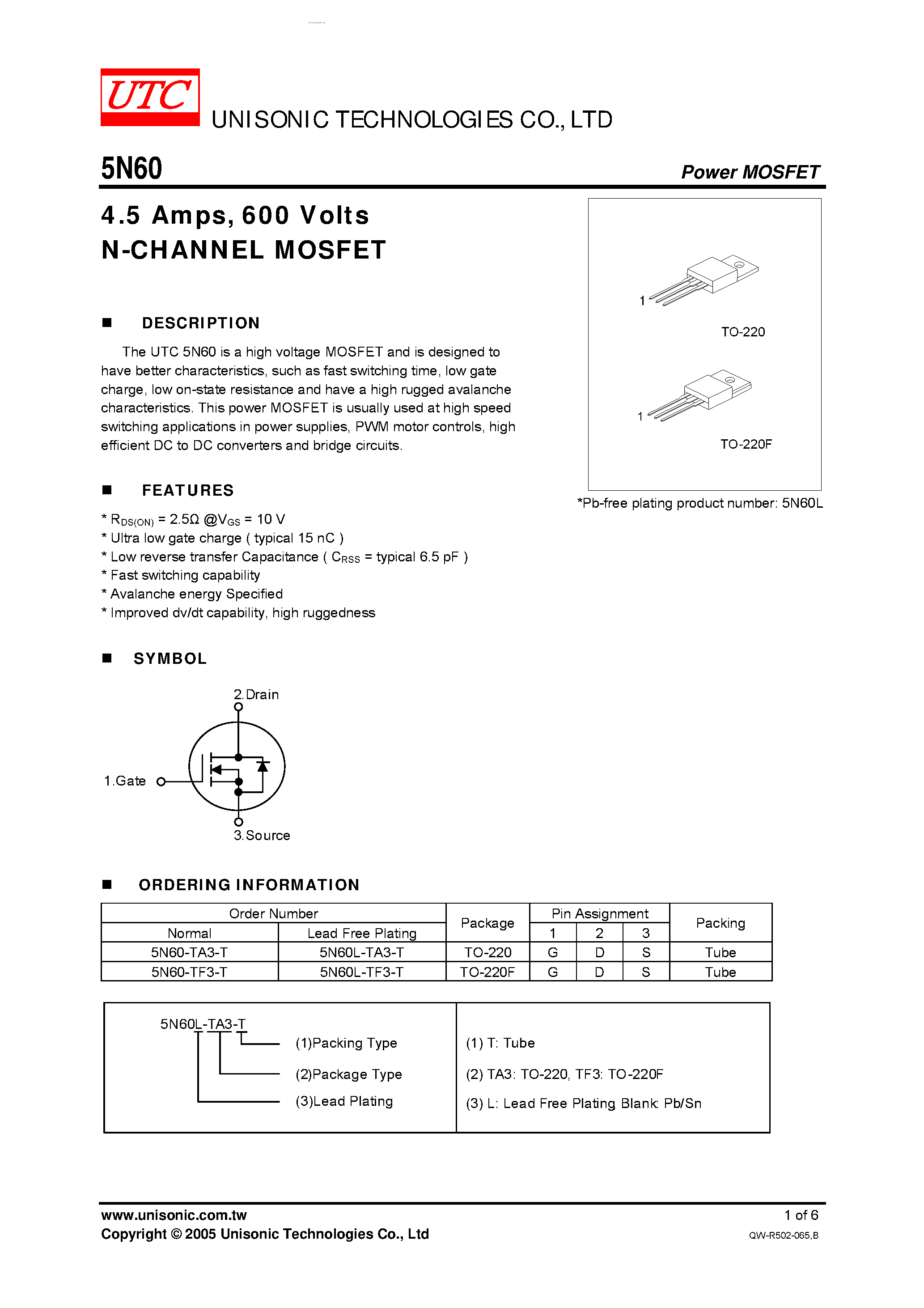 Даташит 5N60 - N-CHANNEL MOSFET страница 1