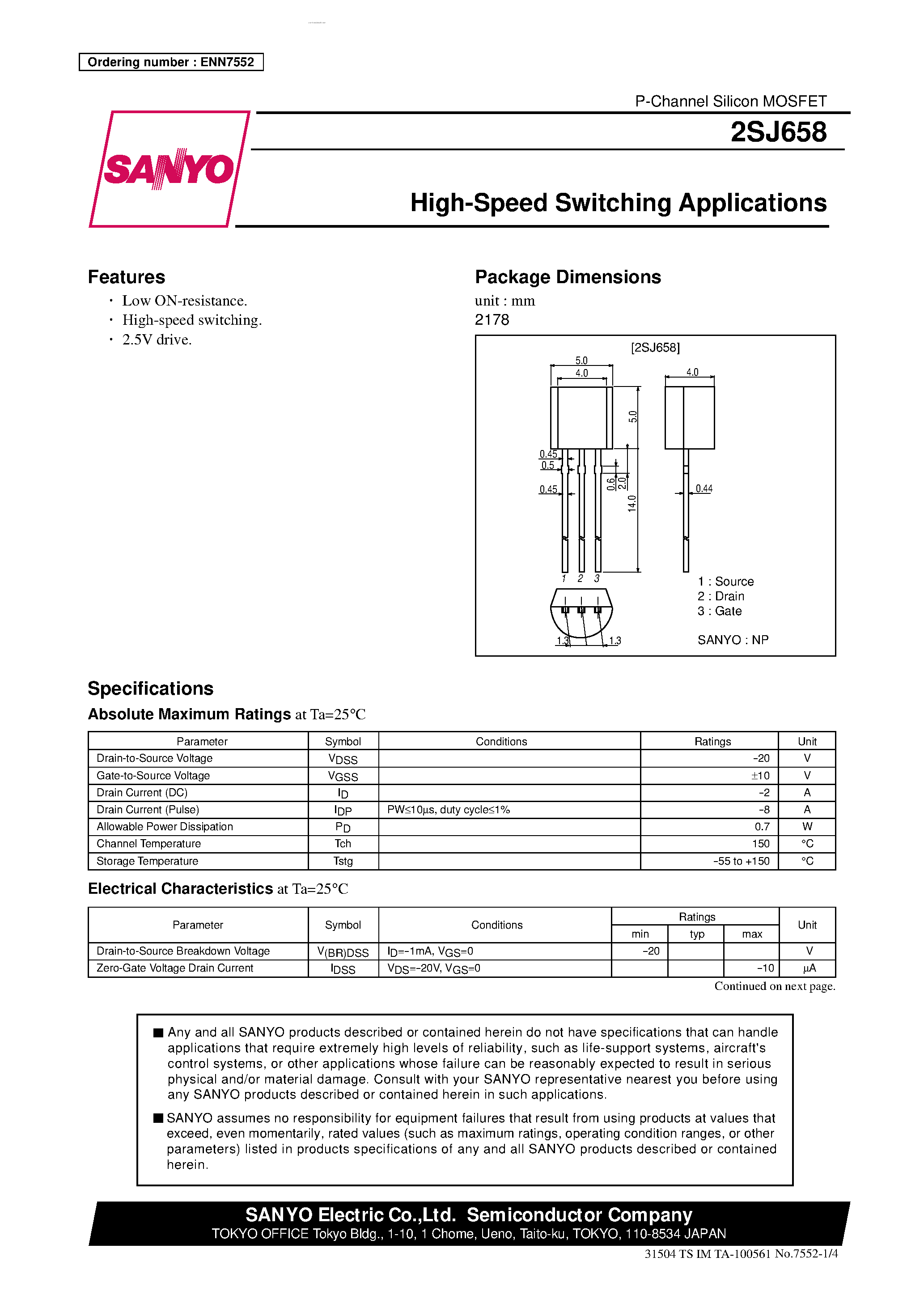 Datasheet 2SJ658 - High-Speed Switching Applications page 1