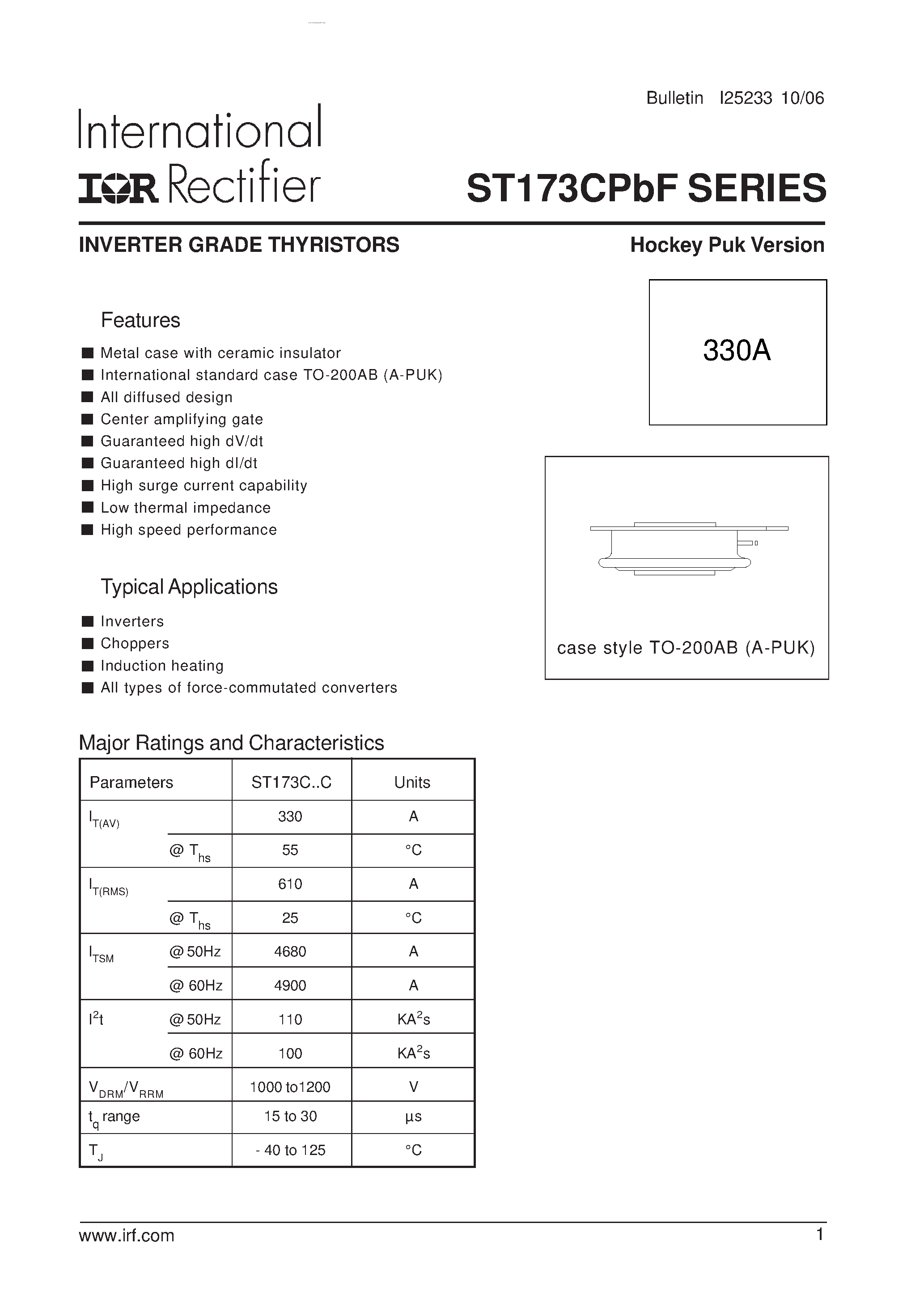 Datasheet ST173CPBF - INVERTER GRADE THYRISTORS page 1