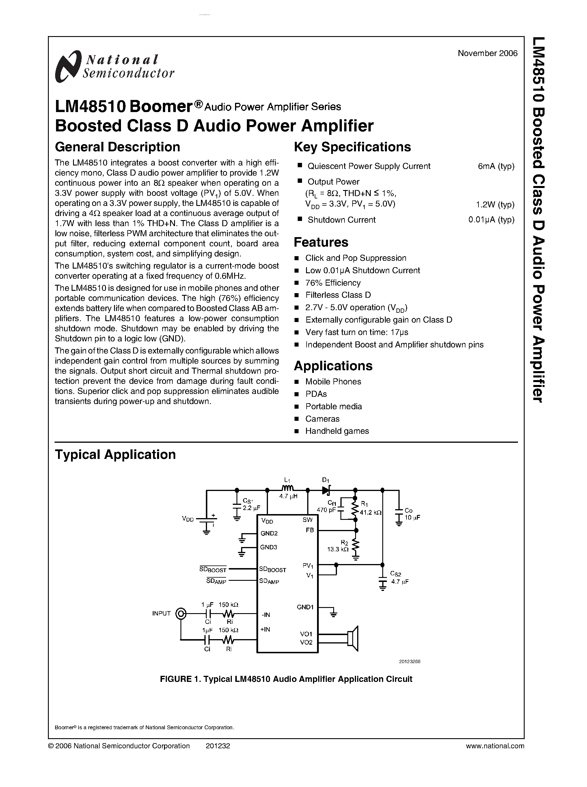 Даташит LM48510 - boosted class D audio power amplifier страница 1