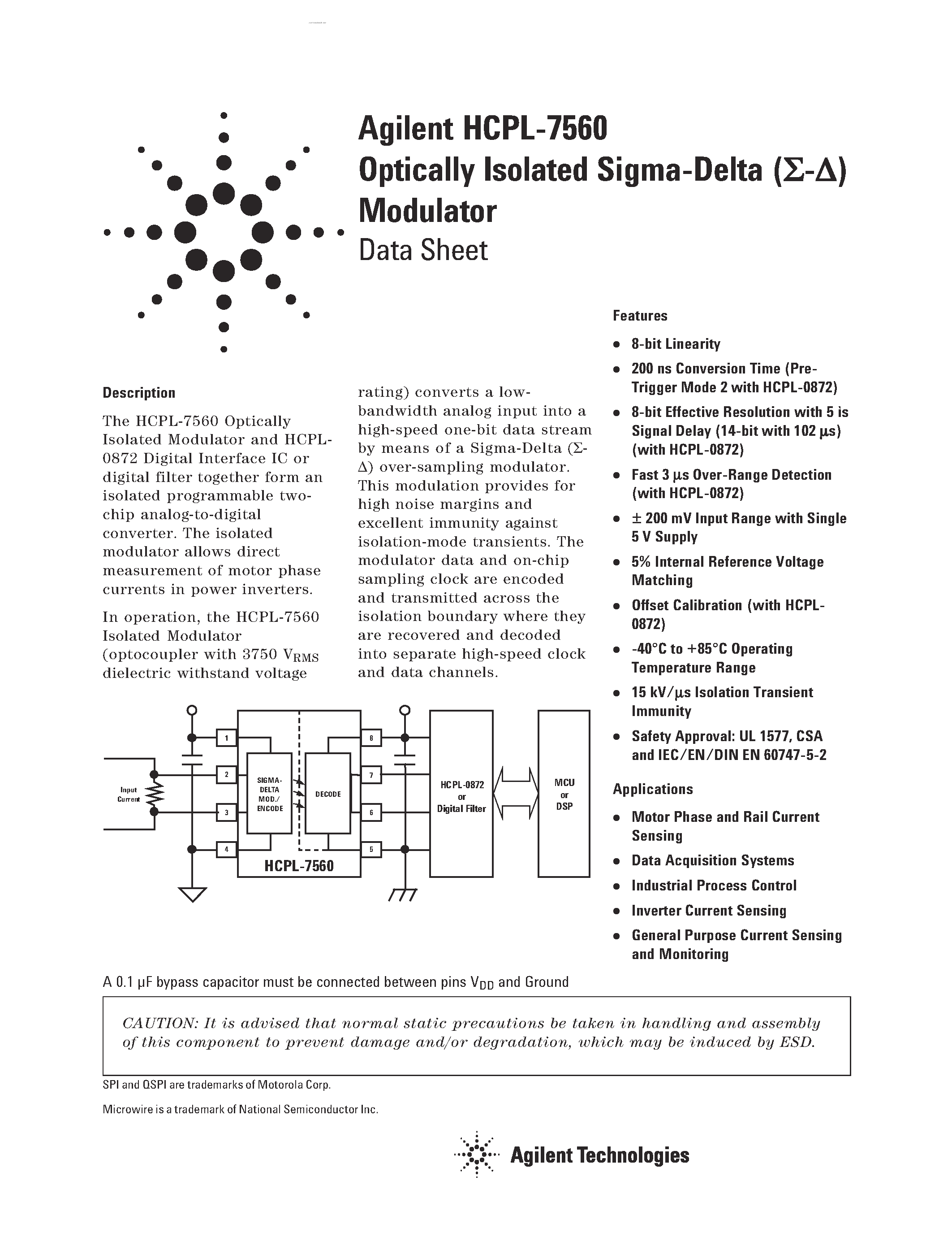 Datasheet HCPL-7560 - Optically Isolated Sigma-Delta Modulator page 1