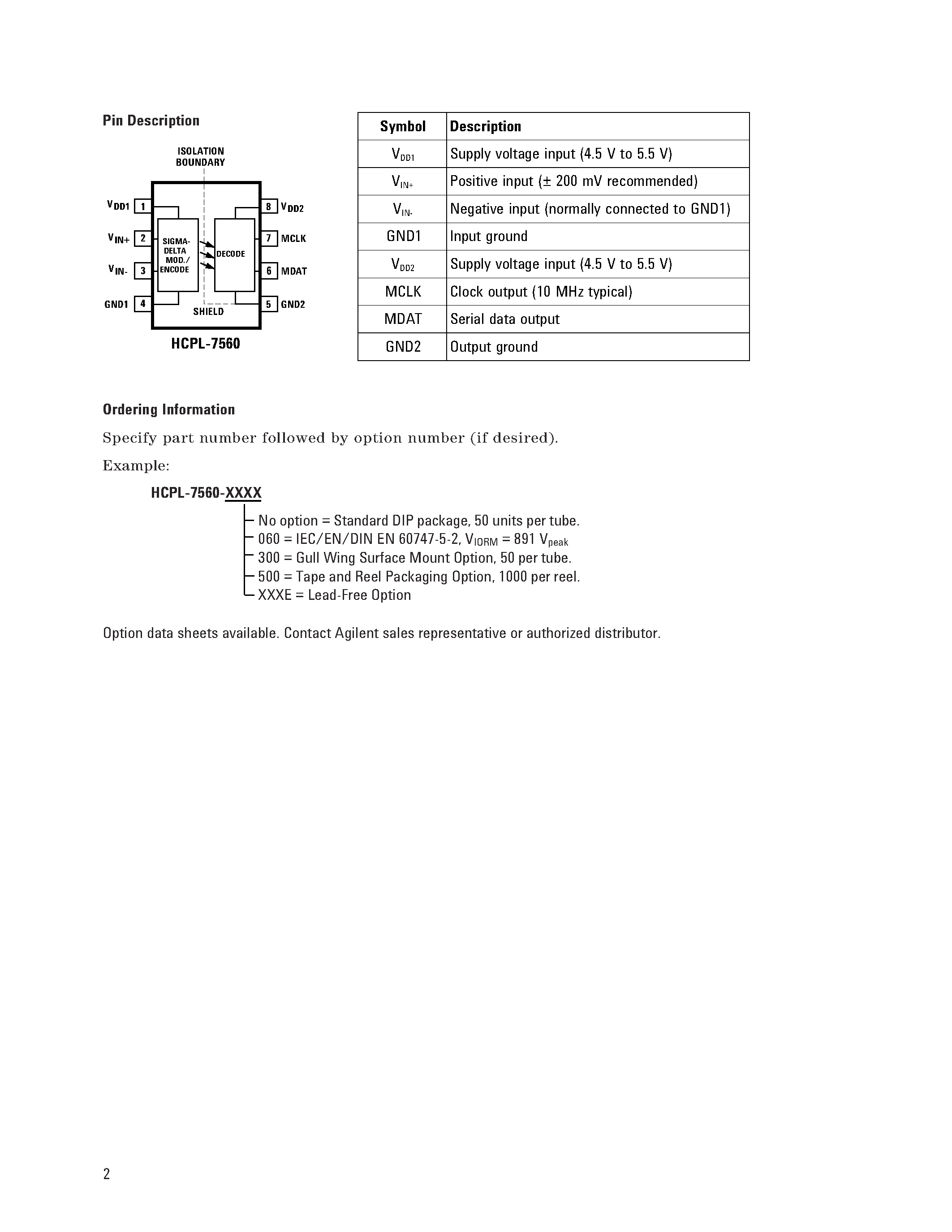 Datasheet HCPL-7560 - Optically Isolated Sigma-Delta Modulator page 2