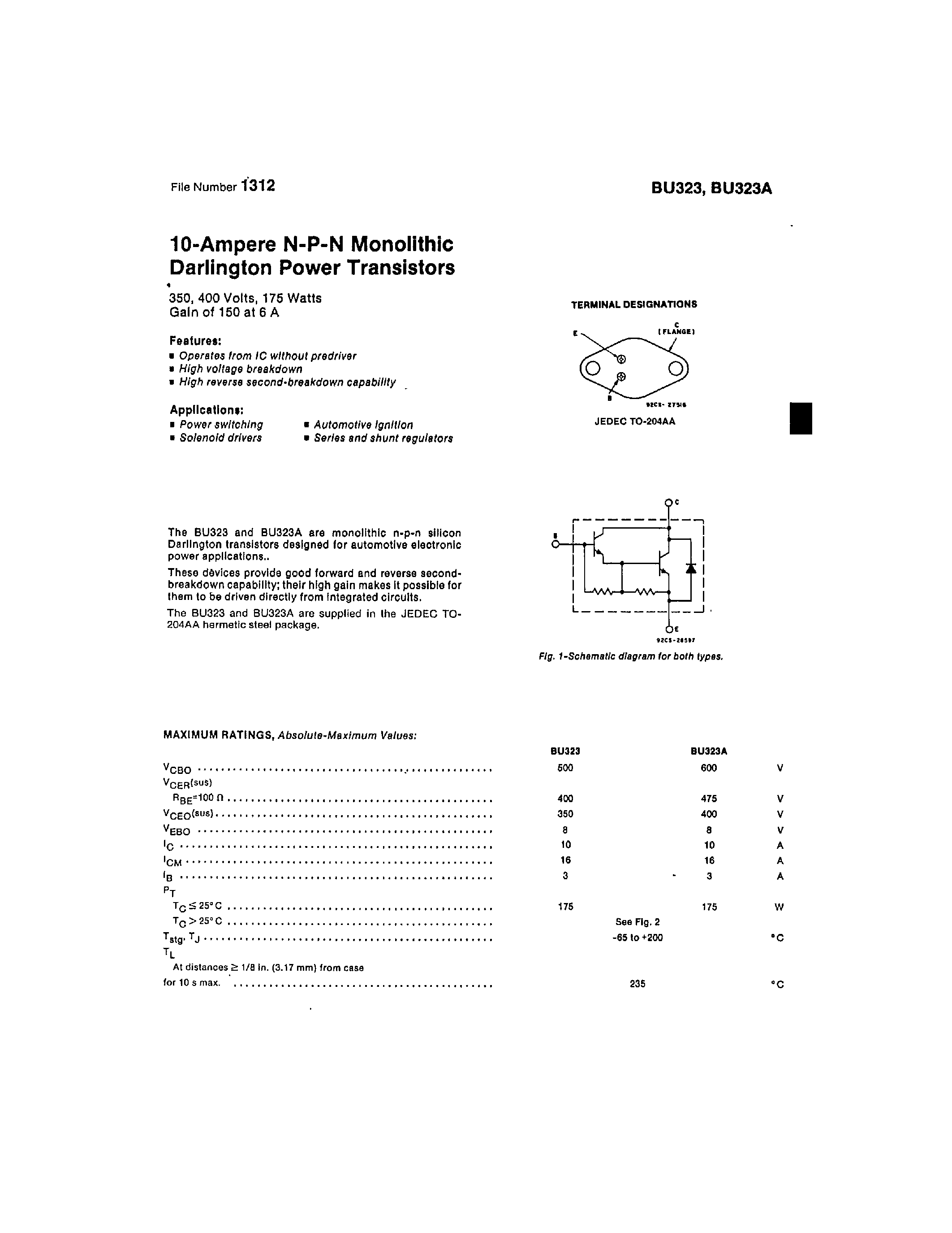 Даташит BU323 - 10-Ampere N-P-N Monolithic Darlington Power Transistors страница 1