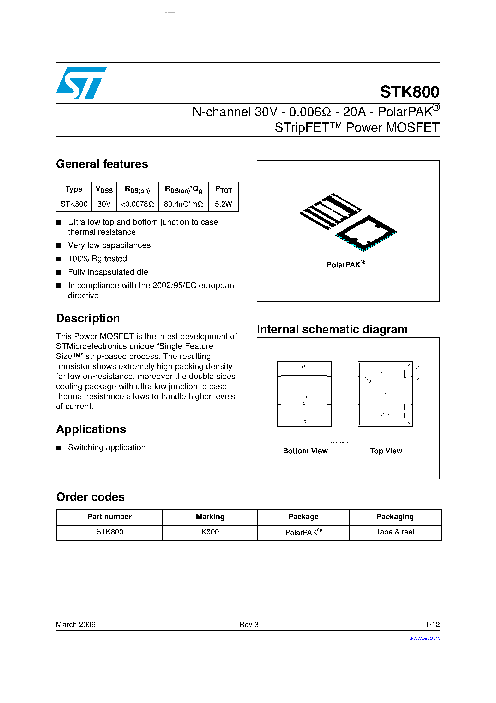 Datasheet STK800 - N-channel Power MOSFET page 1