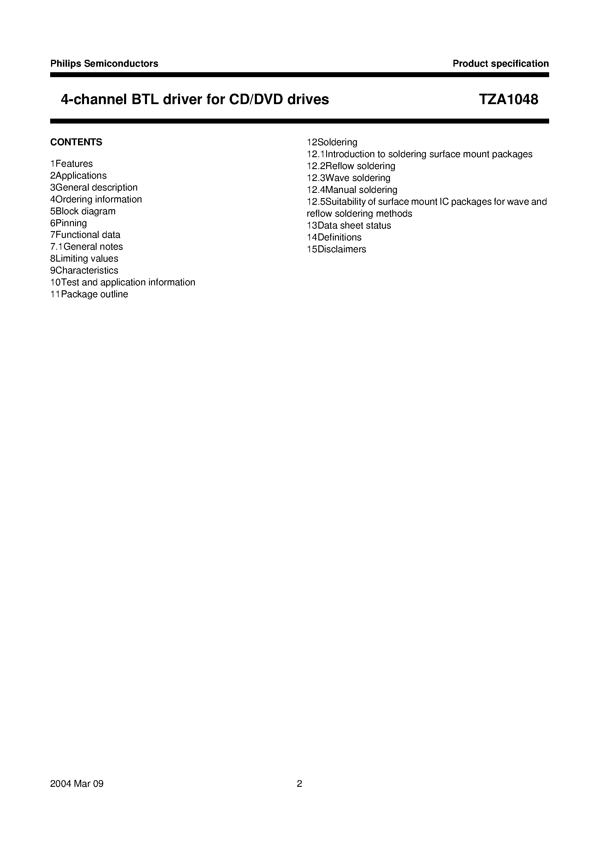 Datasheet TZA1048 - 4-channel BTL driver page 2