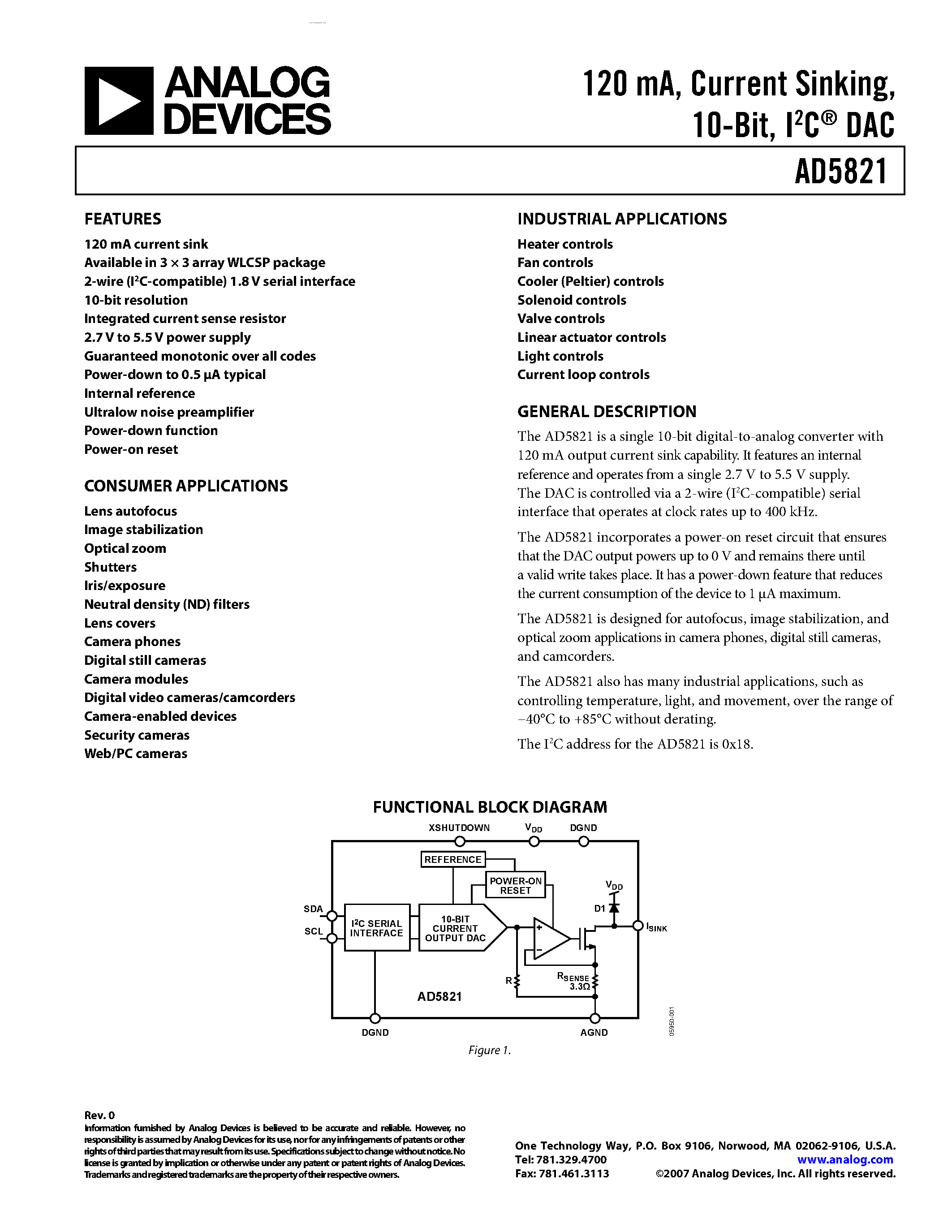 Datasheet AD5821 - single 10-bit digital-to-analog converter page 1