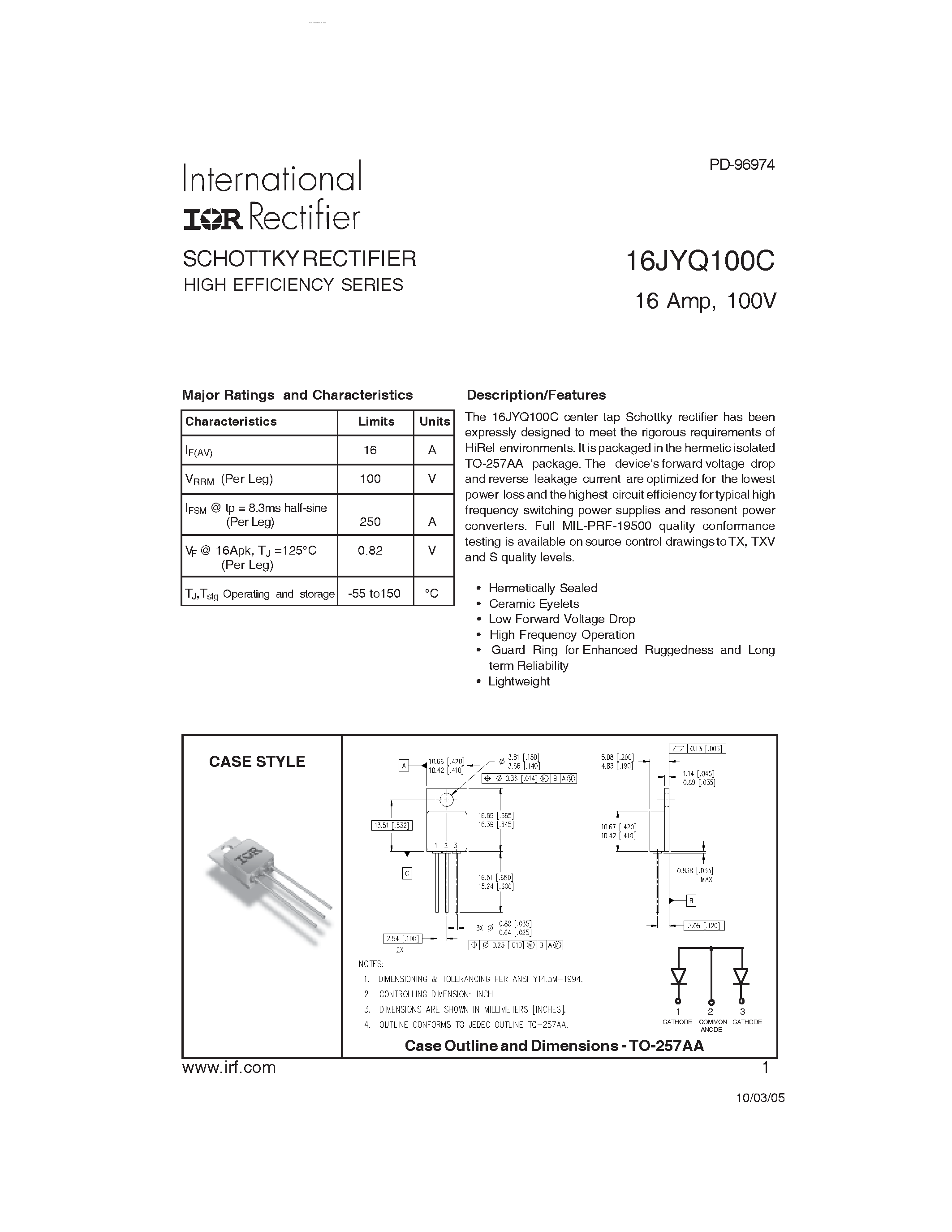 Datasheet 16JYQ100C - SCHOTTKY RECTIFIER HIGH EFFICIENCY SERIES page 1