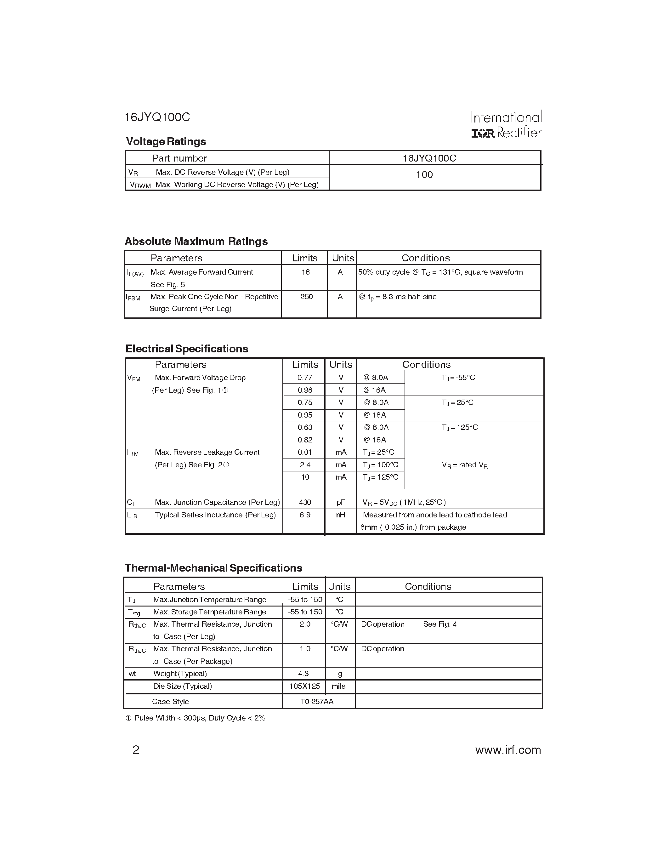 Datasheet 16JYQ100C - SCHOTTKY RECTIFIER HIGH EFFICIENCY SERIES page 2