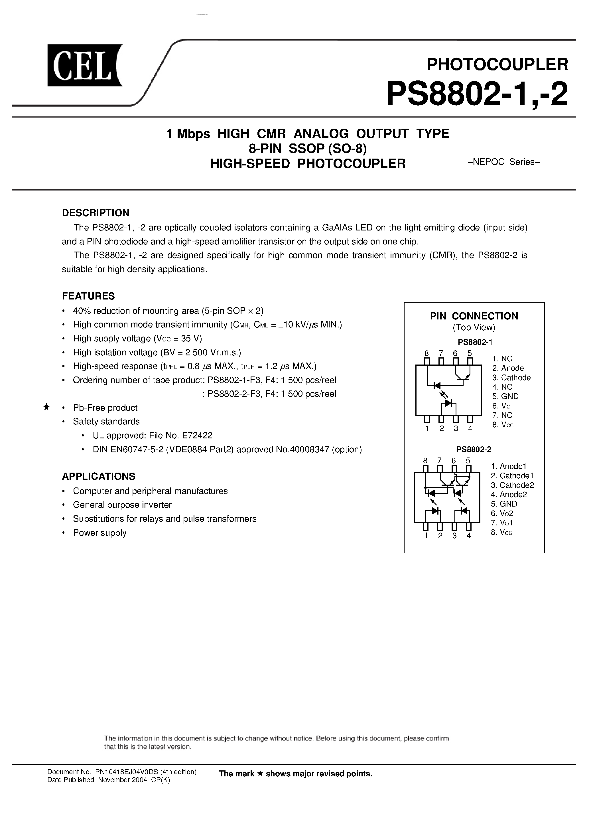 Даташит PS8802-1 - (PS8802-1/-2) 1 Mbps HIGH CMR ANALOG OUTPUT TYPE 8-PIN SOP HIGH-SPEED PHOTOCOUPLER страница 1