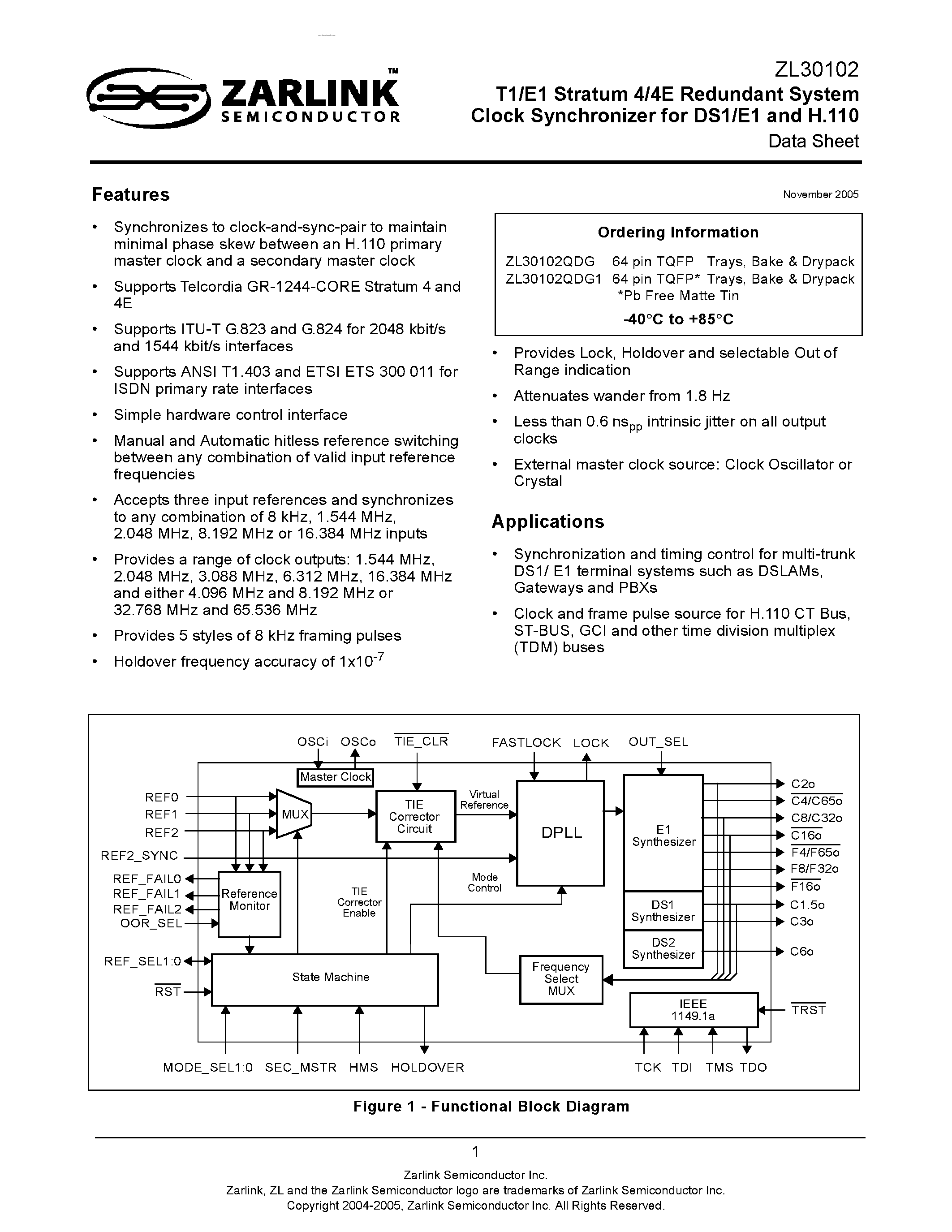 Datasheet ZL30102 - T1/E1 Stratum 4/4E Redundant System Clock Synchronizer page 1