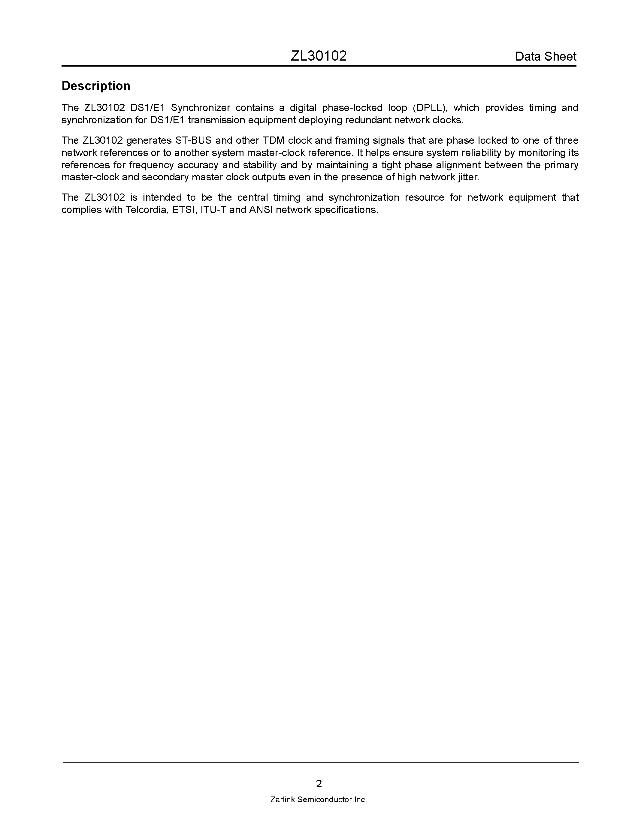 Datasheet ZL30102 - T1/E1 Stratum 4/4E Redundant System Clock Synchronizer page 2