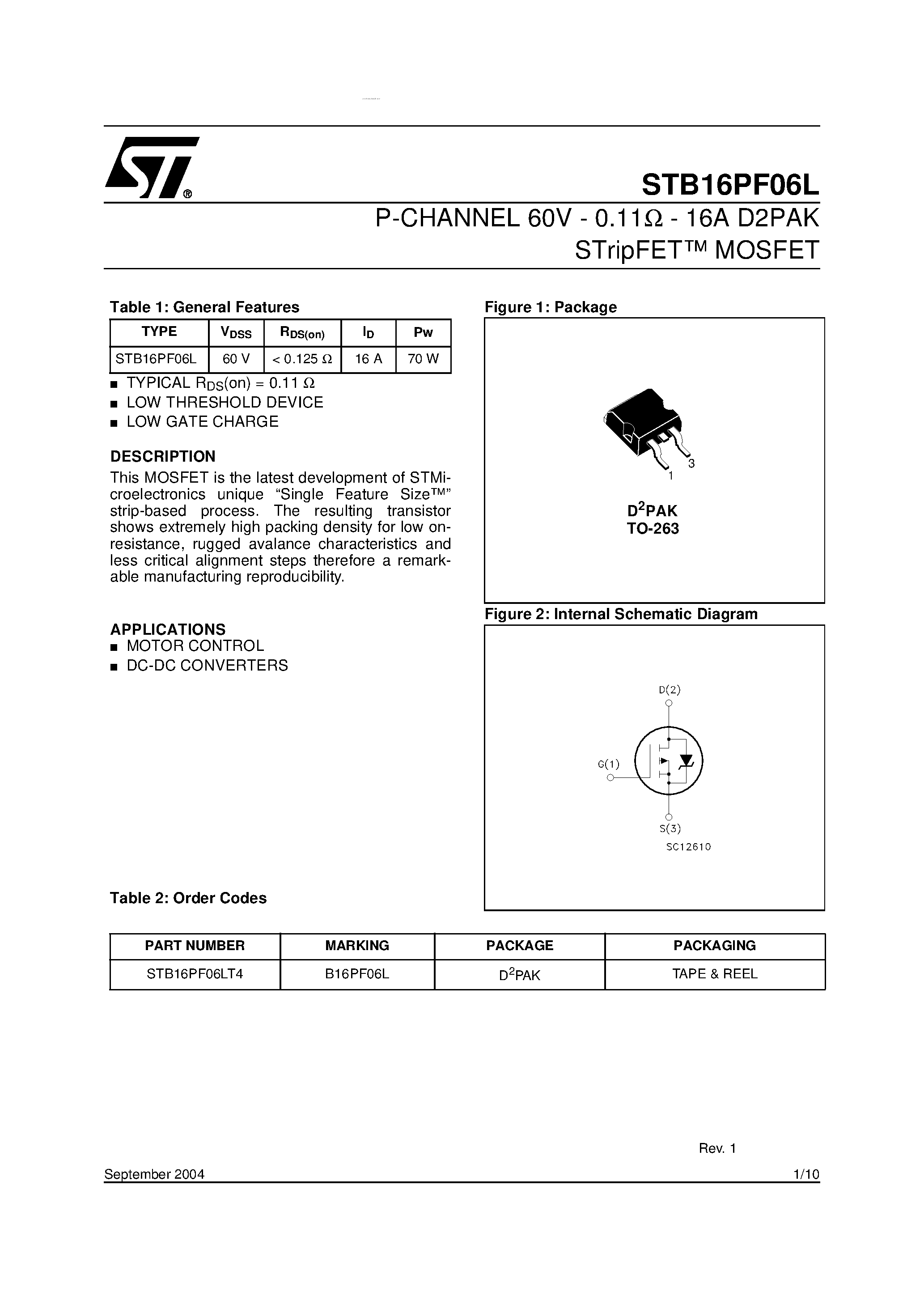 Даташит STB16PF06L - P-CHANNEL MOSFET страница 1