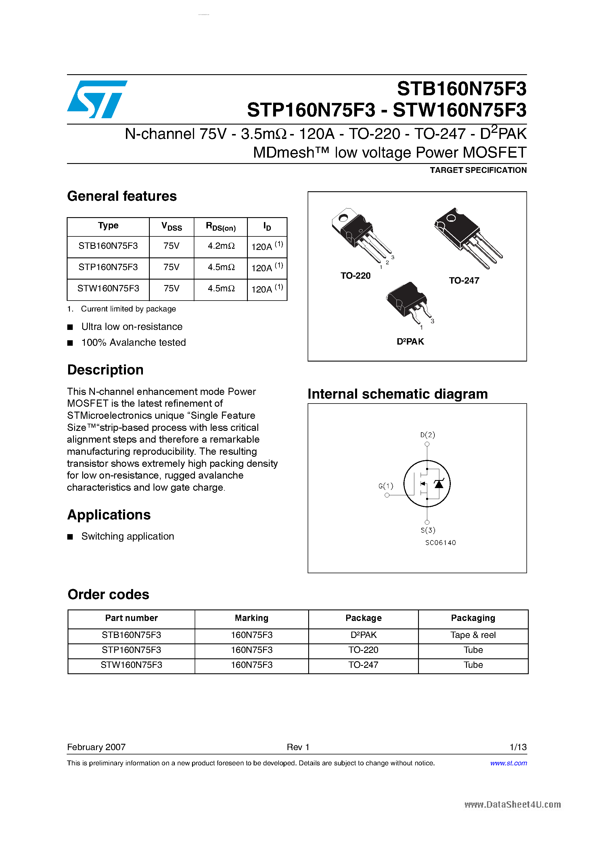 Даташит STP160N75F3 - N-Channel Power MOSFET страница 1