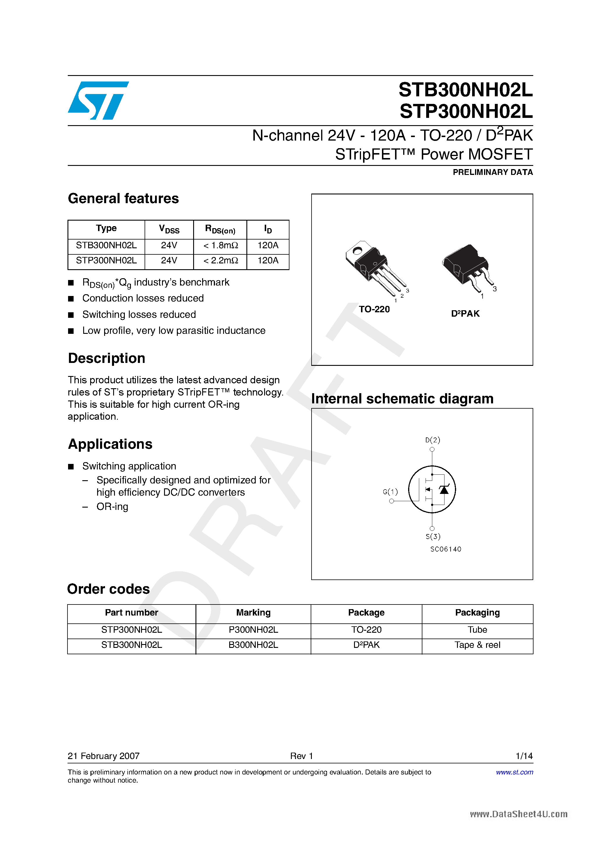 Даташит STP300NH02L - N-CHANNEL Power MOSFET страница 1