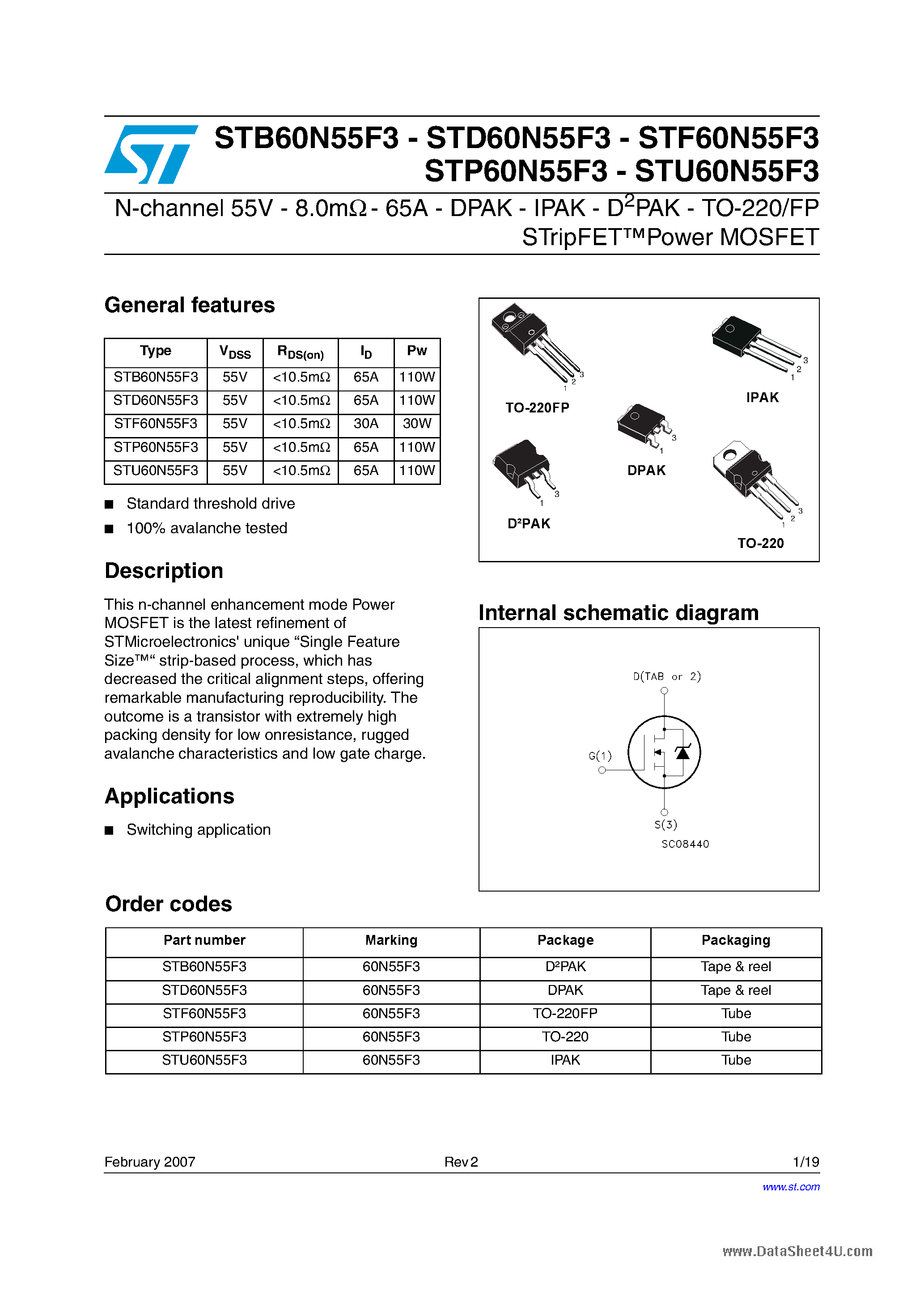 Datasheet STU60N55F3 - N-CHANNEL Power MOSFET page 1