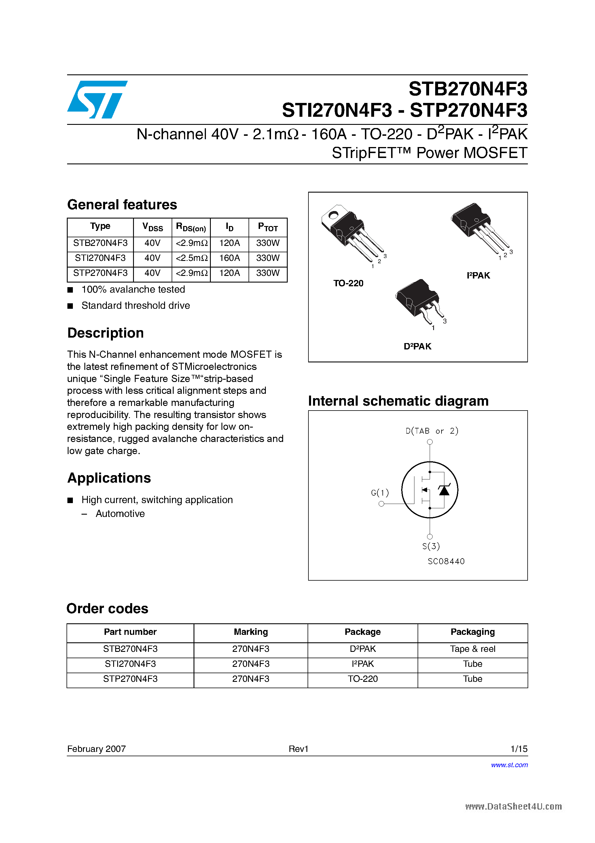 Даташит STP270N4F3 - N-CHANNEL Power MOSFET страница 1