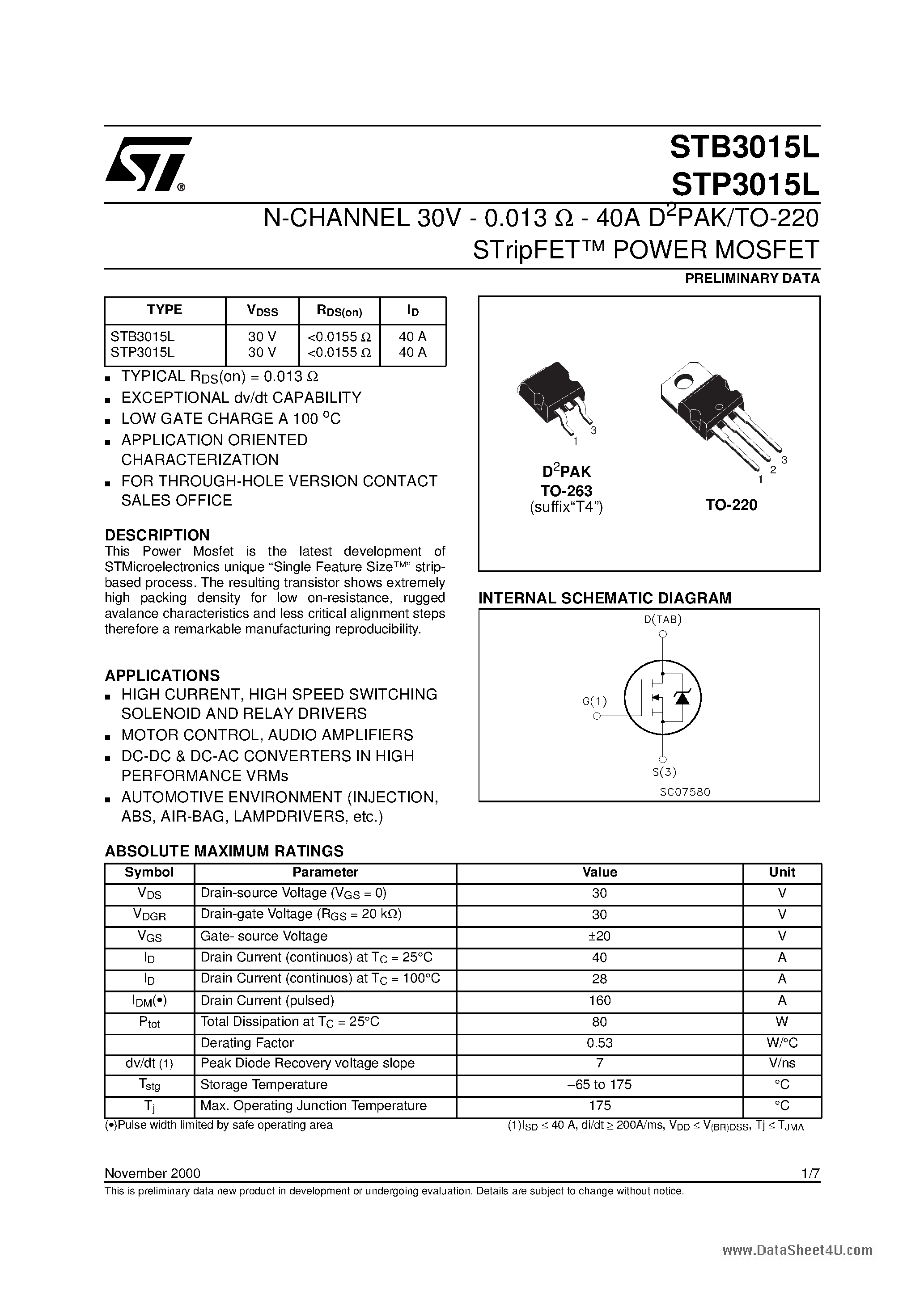 Даташит STP3015L - N-CHANNEL Power MOSFET страница 1