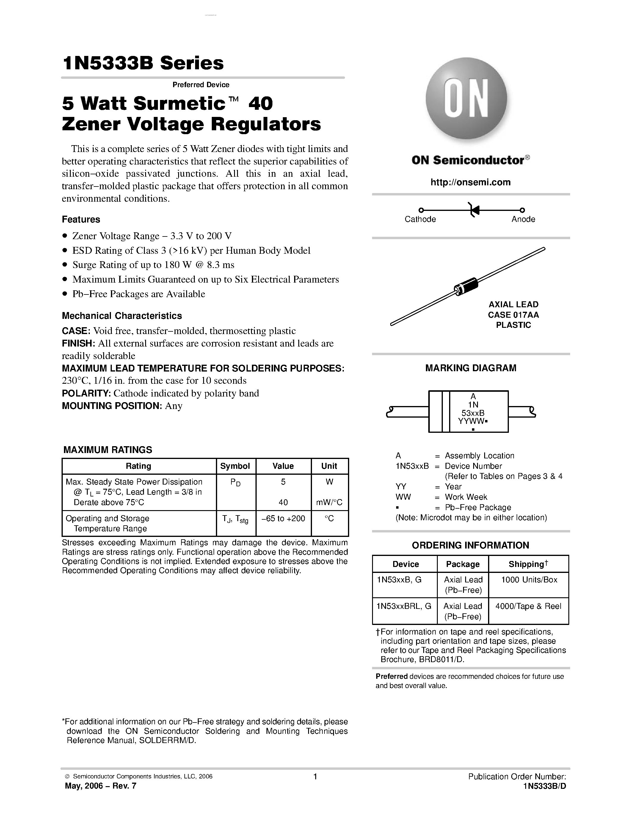 Datasheet 1N5333B - (1N53xxB) 5 Watt Surmetic TM 40 Zener Voltage Regulators page 1