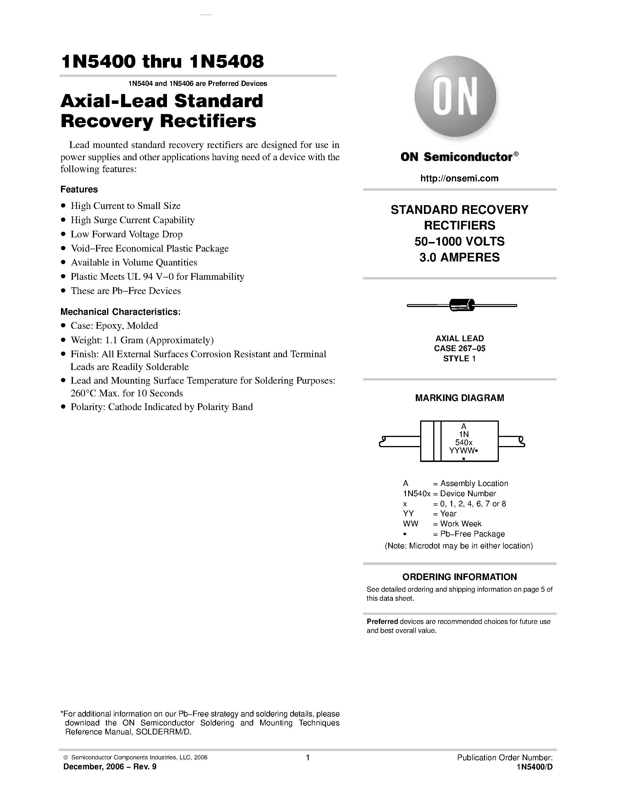 Datasheet 1N5404 - (1N5400 - 1N5408) Axial-Lead Standard Recovery Rectifiers page 1