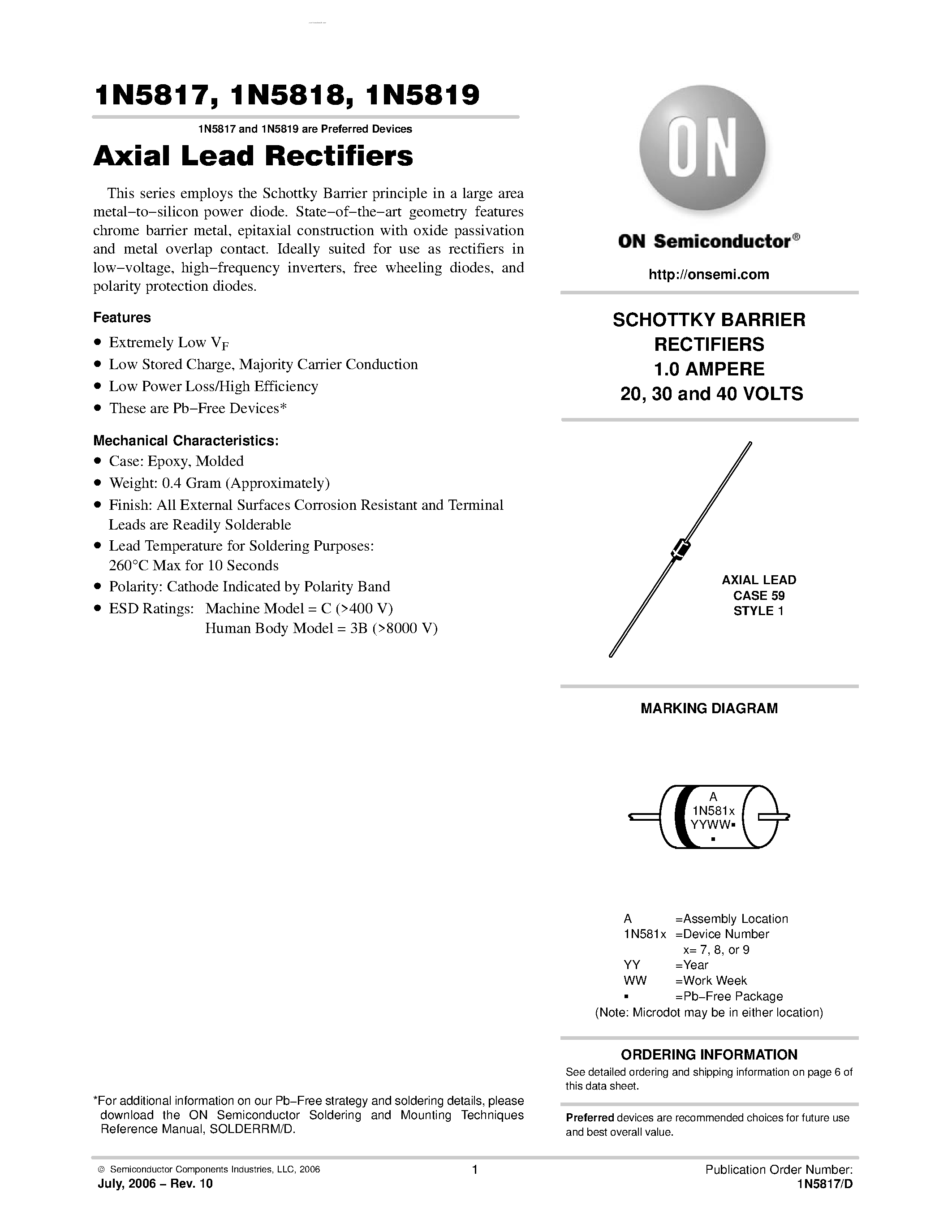 Datasheet 1N5817 - (1N5817 - 1N5819) Axial Lead Rectifiers page 1