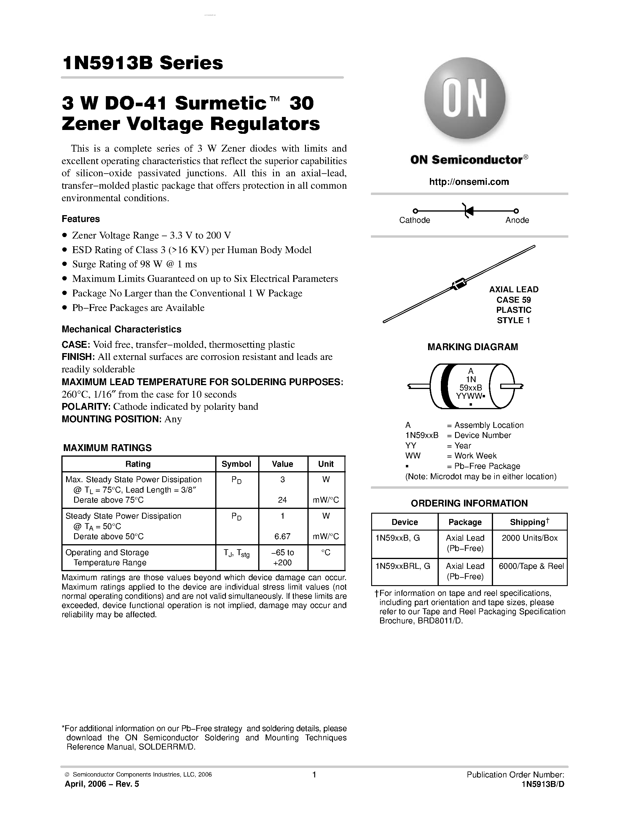 Datasheet 1N5913B - (1N59xxB) 3 W DO-41 Surmetic TM 30 Zener Voltage Regulators page 1