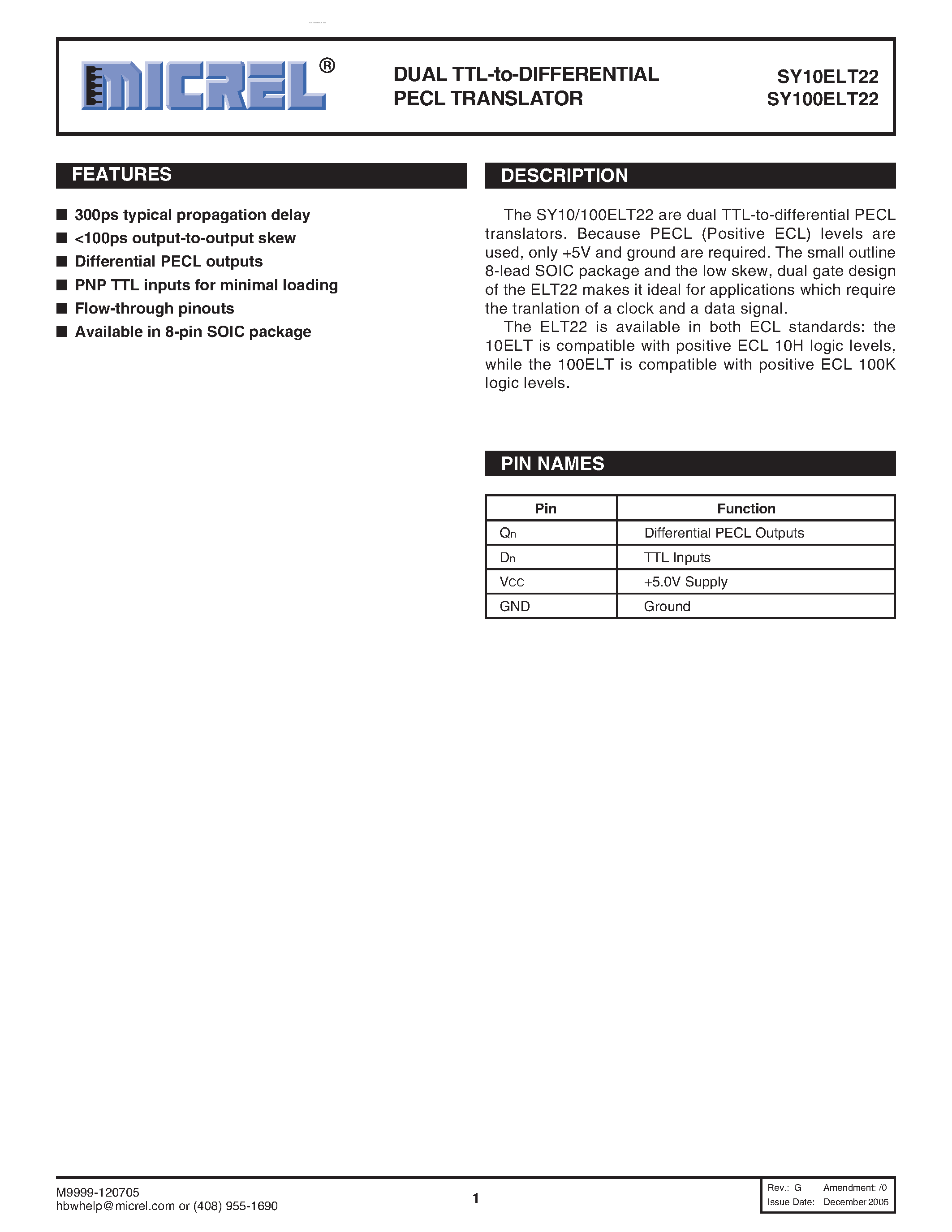 Datasheet SY100ELT22 - DUAL TTL-to-DIFFERENTIAL PECL TRANSLATOR page 1