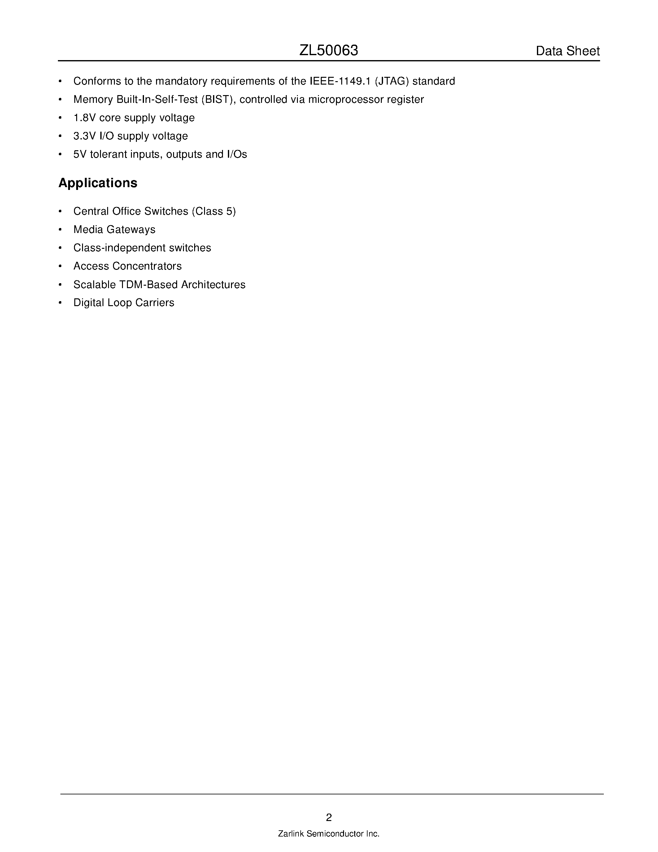 Datasheet ZL50063 - 16K-Channel Digital Switch page 2