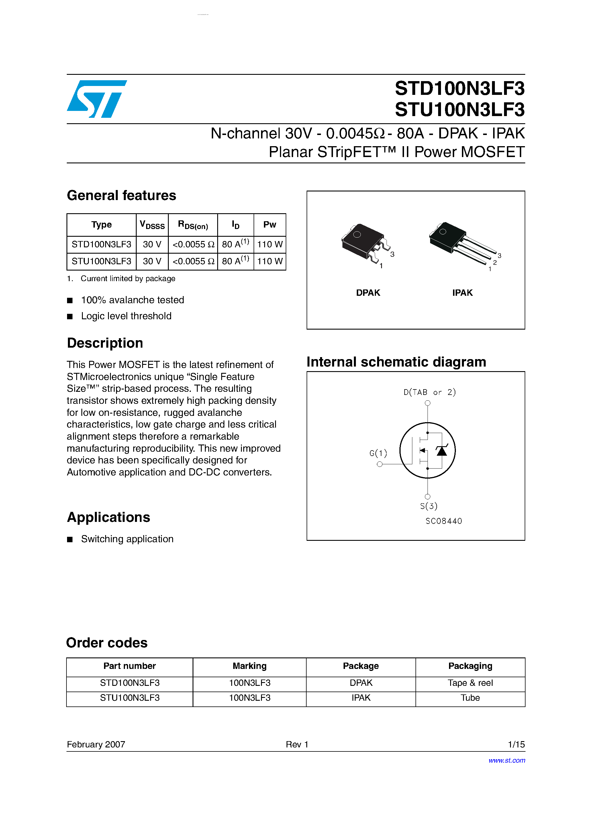 Datasheet STU100N3LF3 - N-channel Power MOSFET page 1