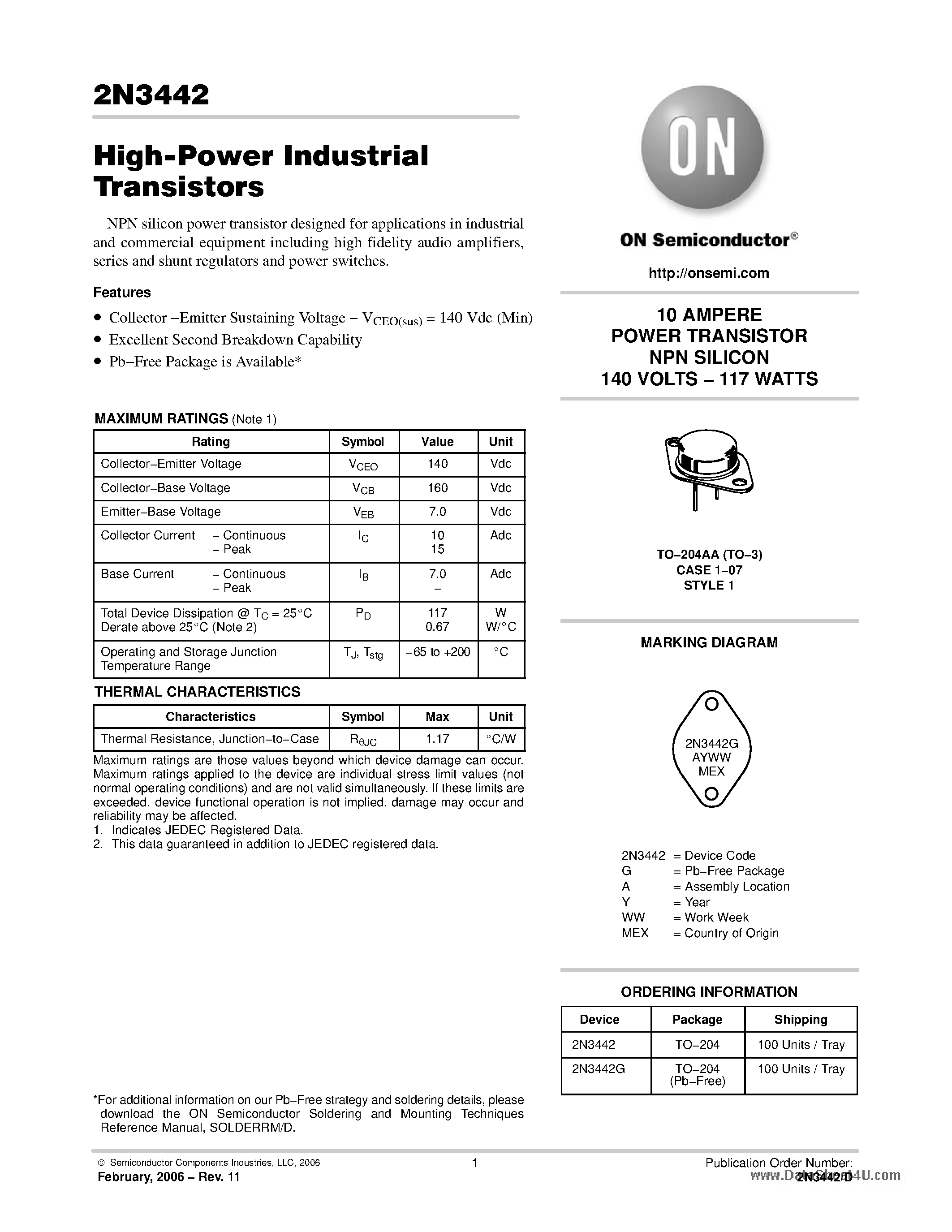 Даташит 2N3442 - High-Power Industrial Transistors страница 1