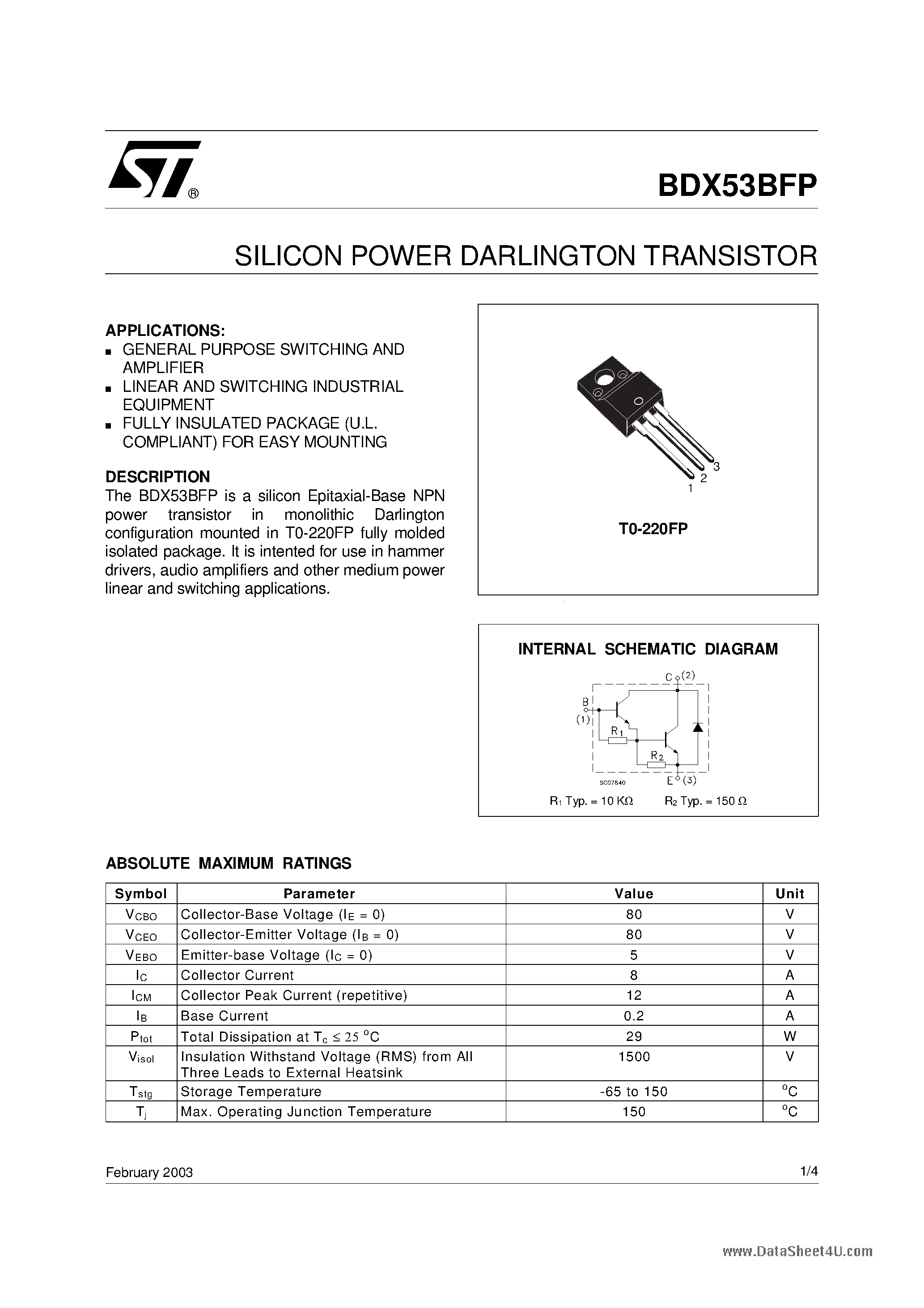 Даташит BDX53BFP - SILICON POWER DARLINGTON TRANSISTOR страница 1