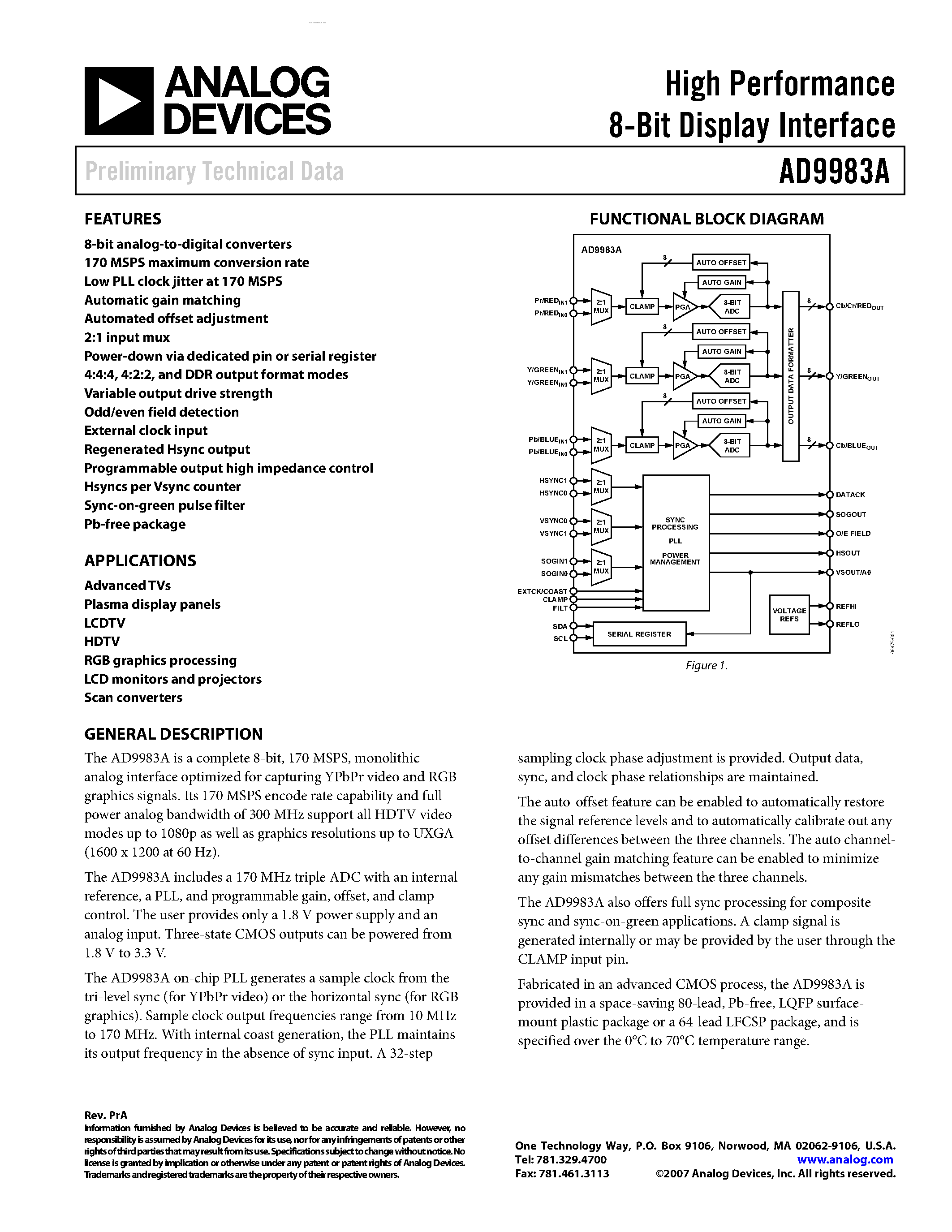 Datasheet AD9983A - High Performance 8-Bit Display Interface page 1