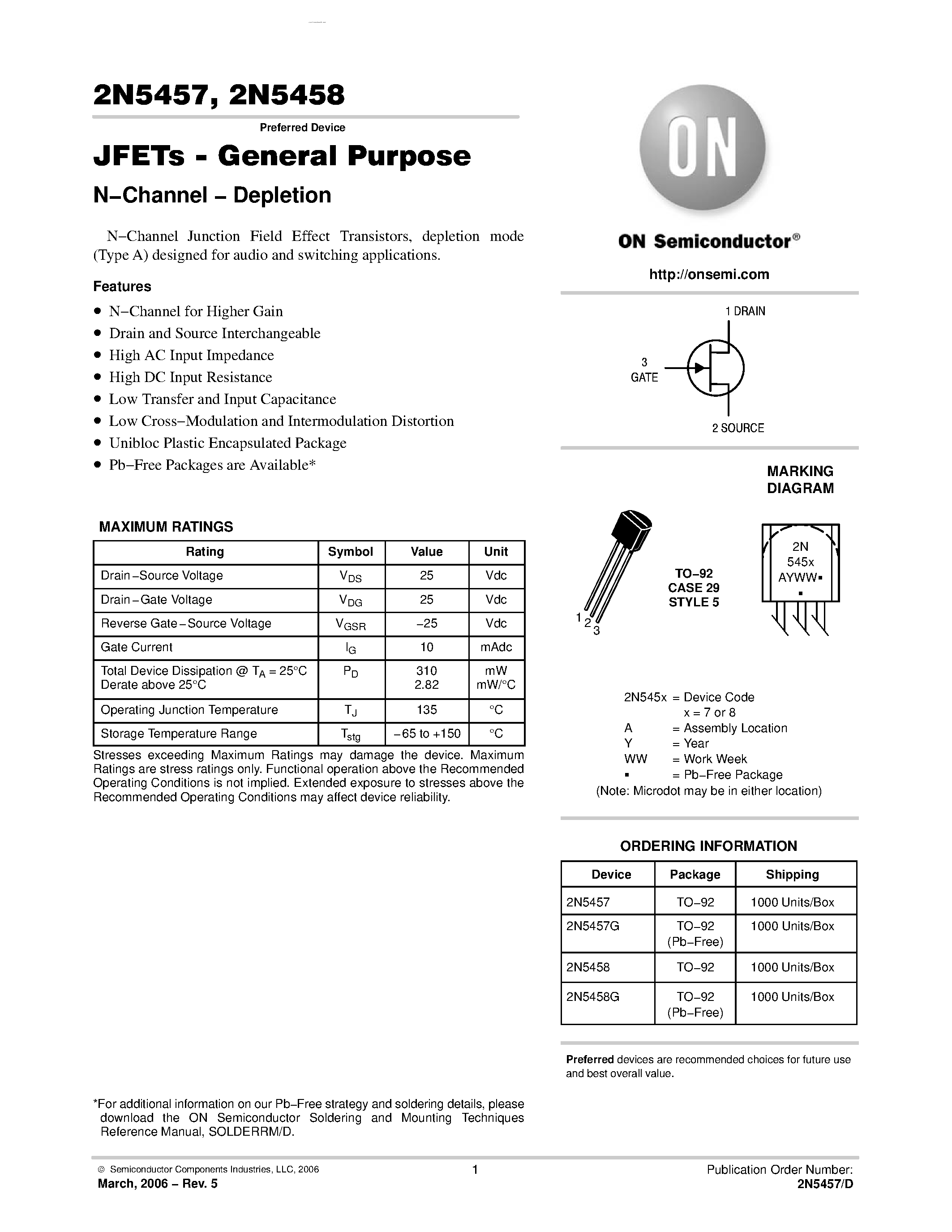 Даташит 2N5457 - (2N5457 / 2N5458) JFETs - General Purpose N-Channel - Depletion страница 1